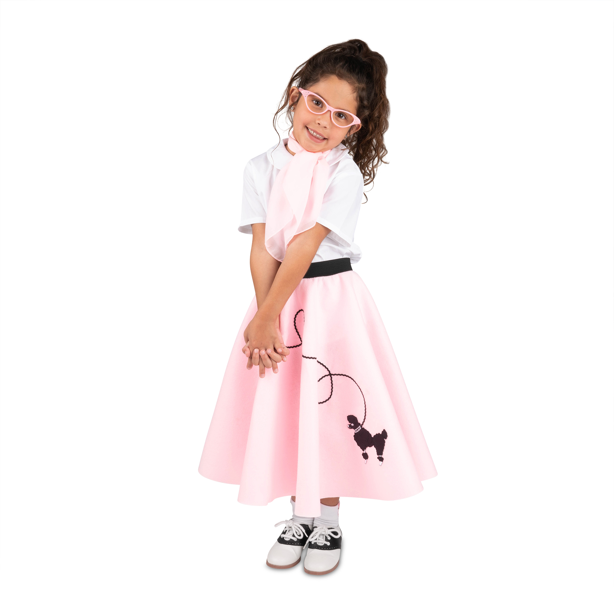 thumbnail video image 2 of Hip Hop 50's Shop 1950s Girls 4 Piece Poodle Skirt Costume Outfit for Kids with Accessories (glasses, socks, scarf) (Small Child 4-6, Light Pink Polka Dot), 2 of 6