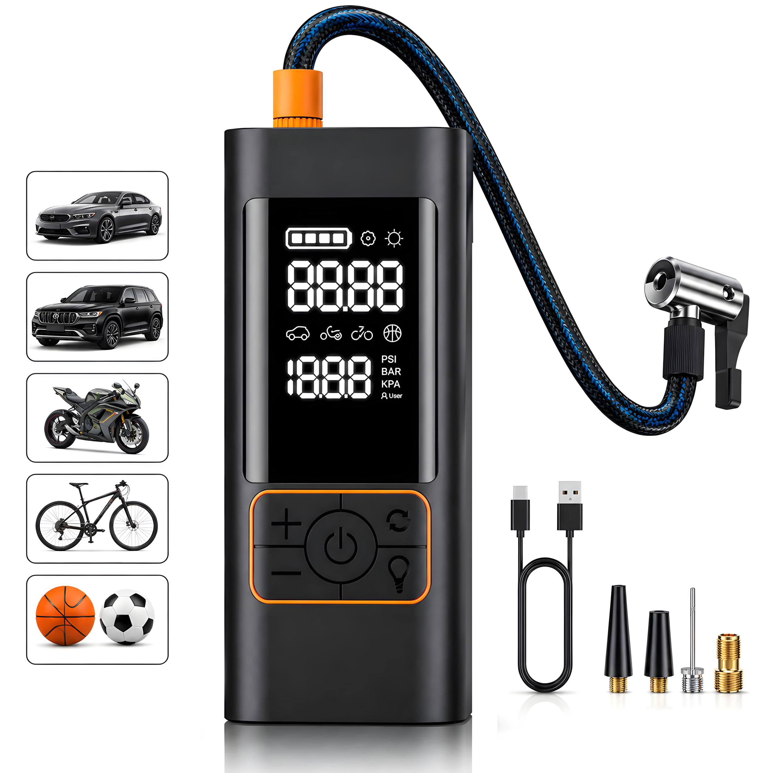 thumbnail video image 2 of Amener Tire Inflator Portable Air Compressor, 180PSI Cordless Air Pump 6000mAh Battery with Auto Shut-off & LED Light, Tire Pump for Cars, Bicycle, Motorcycles, 2 of 9