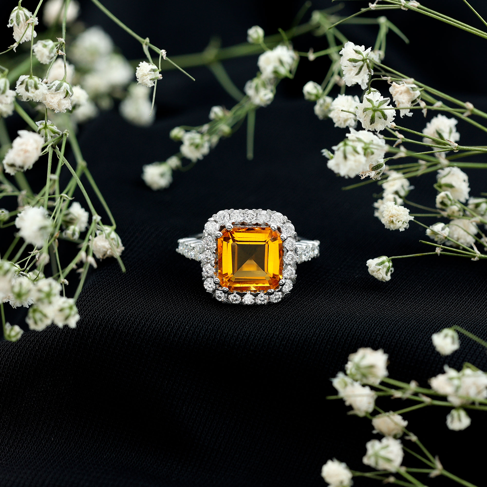 thumbnail video image 2 of Rosec Jewels Lab Grown Yellow Sapphire Asscher Cut Engagement Ring with Halo - 9 mm - AAAA Quality Certified - with Jewelry Box, 18K Yellow Gold, US 6.50, 2 of 8