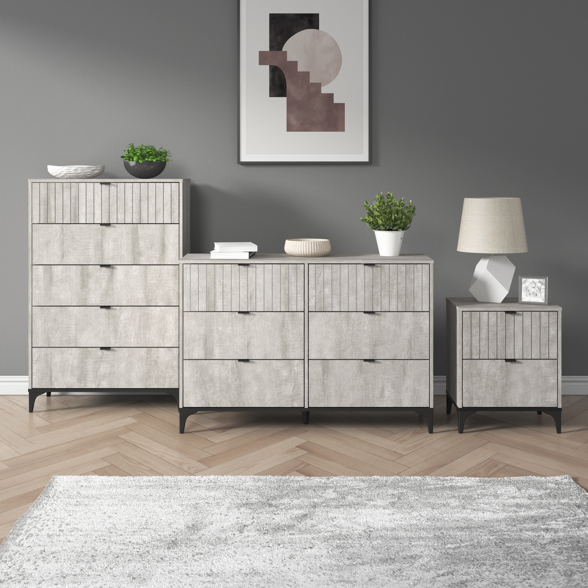 thumbnail video image 2 of Galano Zaffy 6-Drawer Wide Dresser / Sideboard – Dusty Grey Oak, 46.5 in W × 15.7 in D × 31.7 in H, 2 of 14