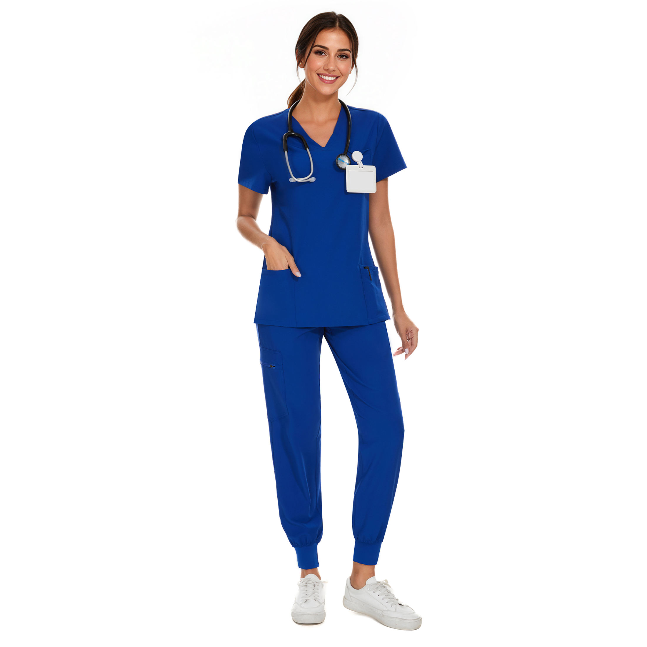 thumbnail video image 2 of COZY SCRUBS Scrubs for Women Set - Stretch V-Neck Scrub Top & Jogger Pant with 8 Pockets, Yoga Waistband, Anti Wrinkle, Slim Fit Women Scrubs, 2 of 8