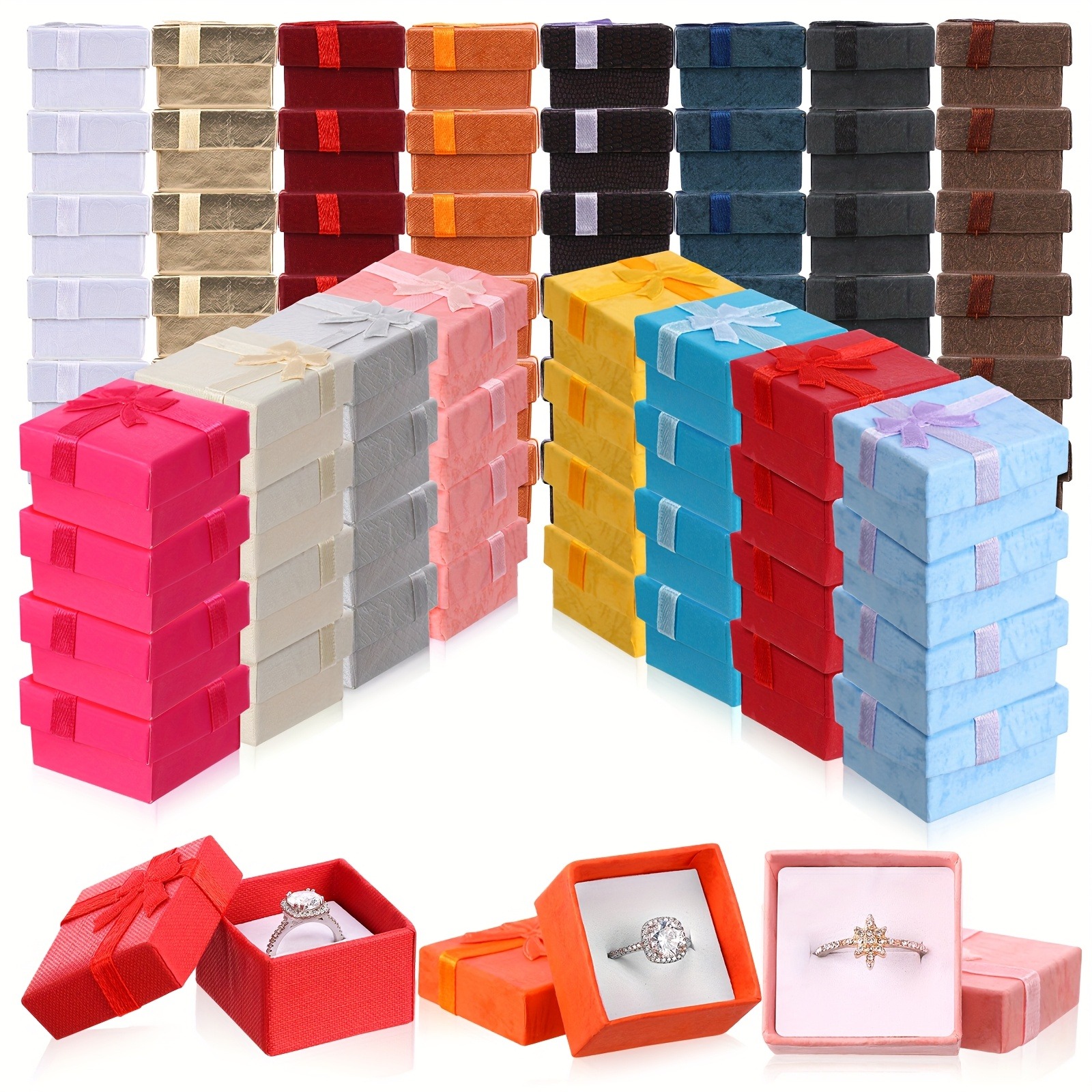 thumbnail video image 2 of 48 Pcs Cardboard Ring Gift Boxes with Ribbon Bows - 1.57x1.57 Inches Small Square Jewelry Boxes, Assorted Colors, Removable Tray, Fabric-Lined Interior, Ideal Gift for Her/Him, 2 of 7