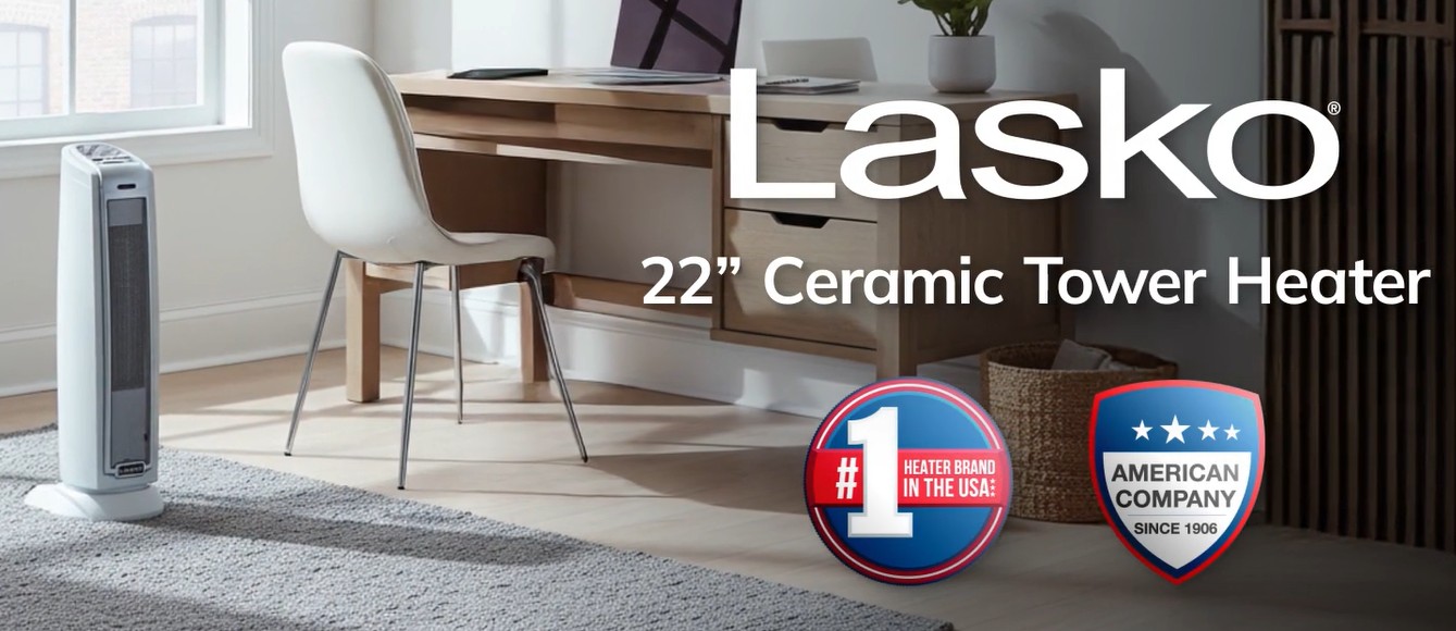 thumbnail video image 2 of Lasko 22.5" 1500W Oscillating Ceramic Tower Electric Space Heater, with Timer, White, 5775, 2 of 12