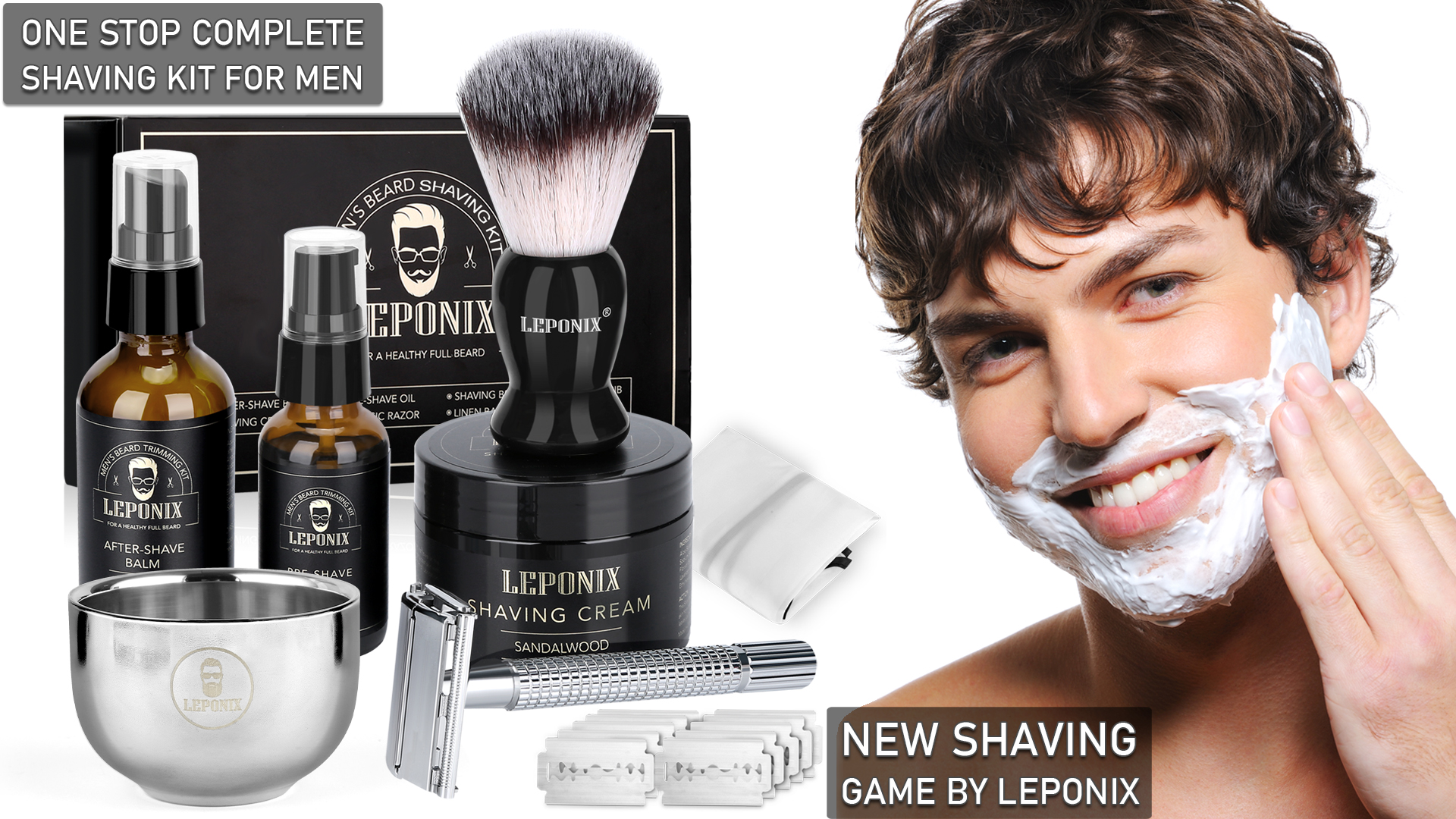 thumbnail video image 2 of LEPONIX Men's Shaving Kit with Safety Razor, Sandalwood Cream, Aftershave Balm, Brush, Bowl & Apron Bib, 2 of 8