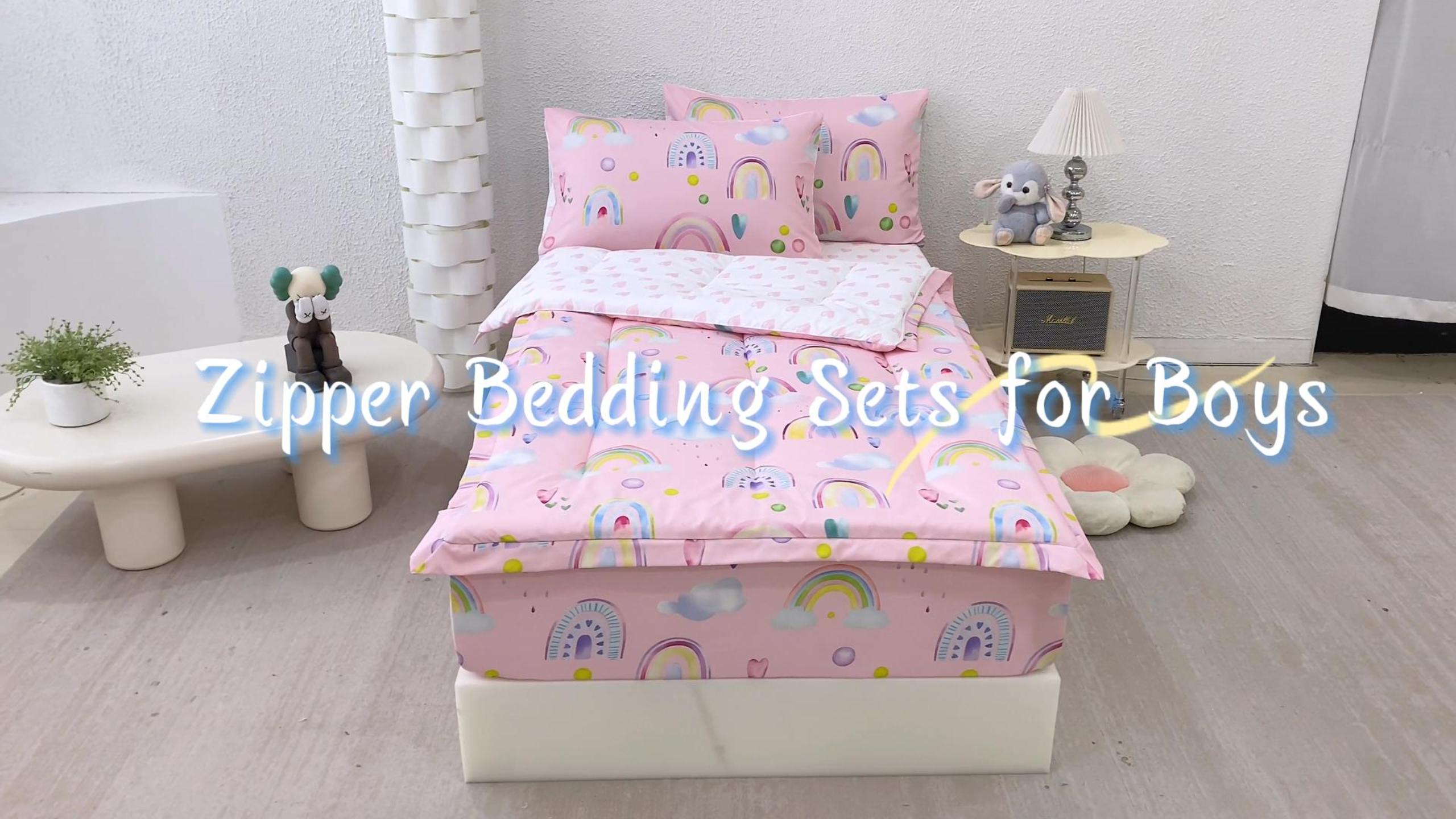 thumbnail video image 2 of ZRNBAST Zipper Bedding Set for Girls, 3Pcs Pink Hearts Rainbow Twin Size Comforter with Fitted Sheet & Pillowcases, All-in-One Zipper Bed Set for Kids Room(Pink,Twin), 2 of 11