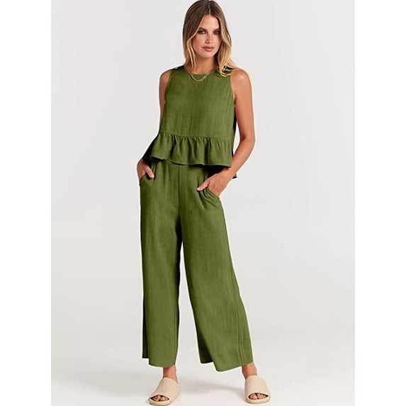 thumbnail video image 2 of EASYBRAUS Women Sleeveless Pleated Vest and Cropped Wide Leg Pants Set Summer 2025 Casual Outfit S-3XL, 2 of 10