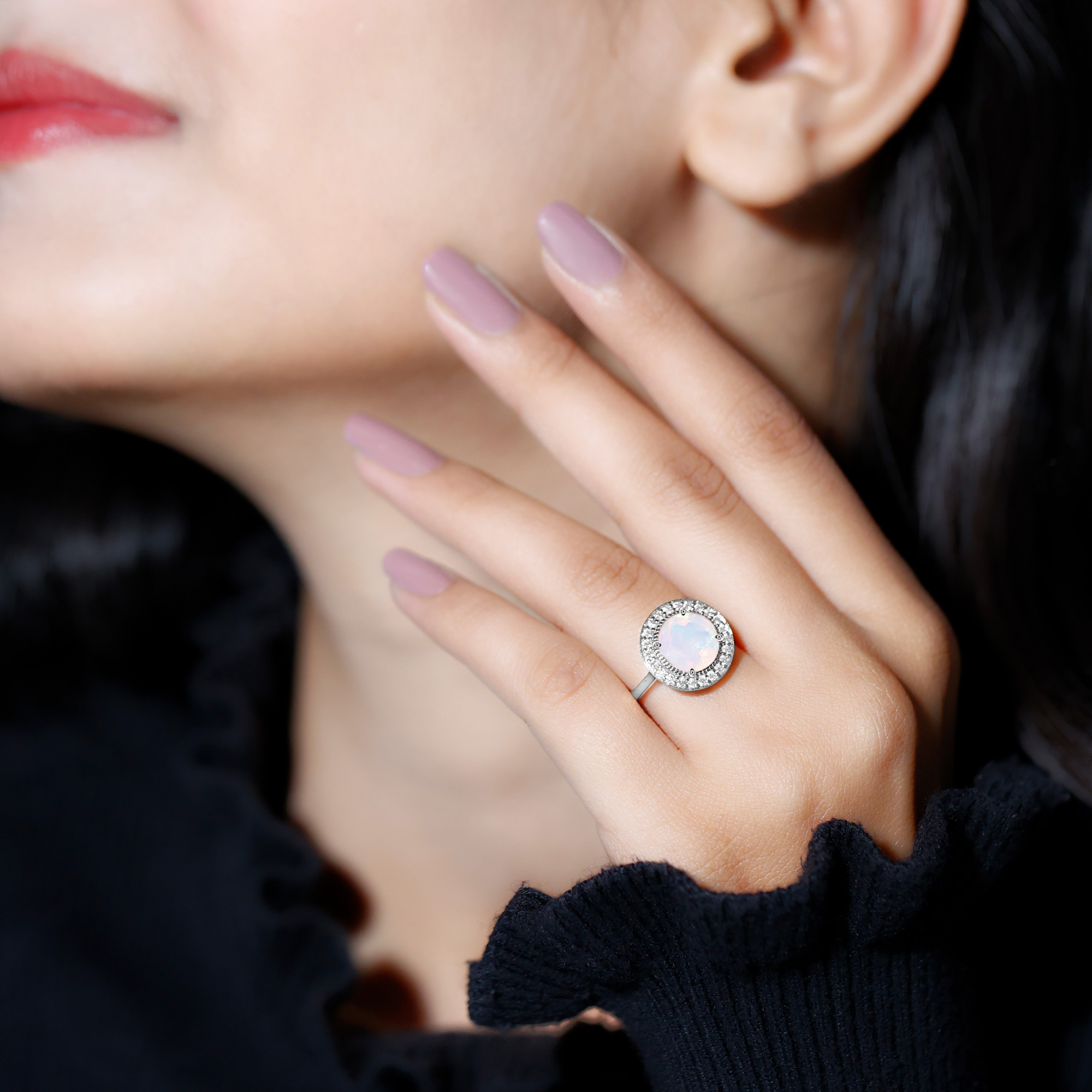 thumbnail video image 2 of Rosec Jewels Real Ethiopian Opal Engagement Ring 2 Carat (8 mm, AAA Grade) - Vintage Style Opal Diamond Ring - with Jewelry Box, 14K White Gold, US 4.00, 2 of 9