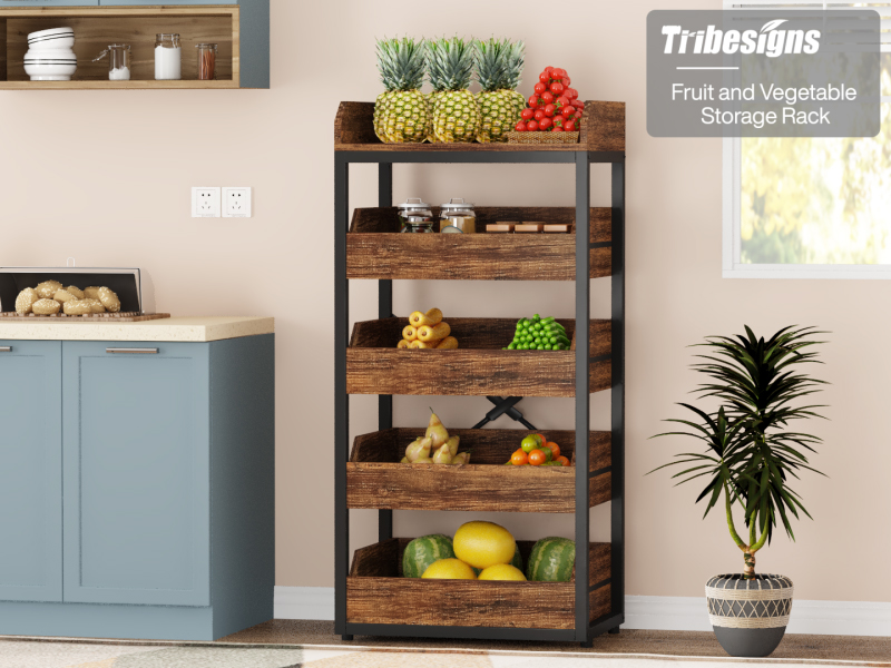 thumbnail video image 2 of Tribesigns 5-Tier Pull-Out Pantry Cabinet, 46 in. Wood Fruit and Vegetable Storage Rack, Utility Snack Stand Fruit Basket Stand Shelf Organizer for Kitchen, Living Room, 2 of 6