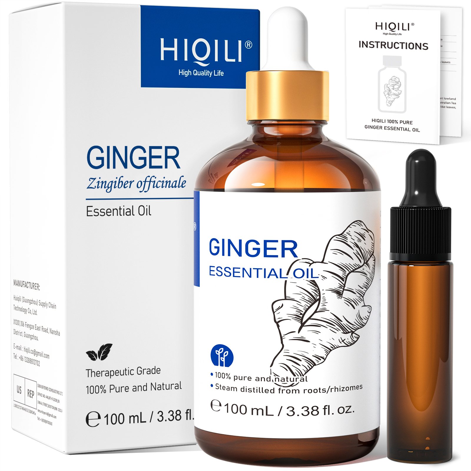 thumbnail video image 2 of HIQILI Pure Ginger Essential Oil, 100mL for Hair Care, Aromatherapy, Massage, Skin Care, 2 of 8