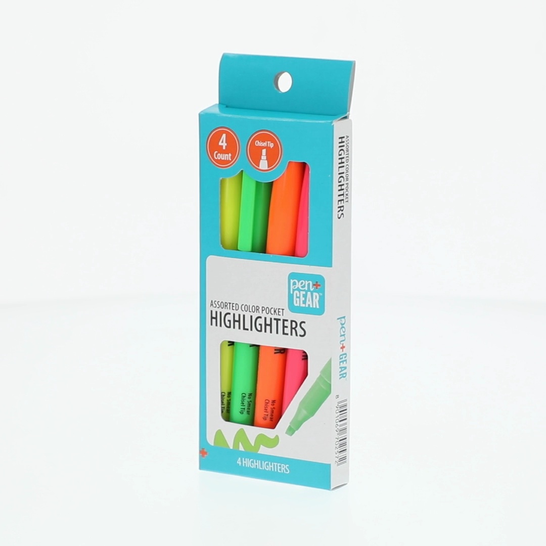 Pen+Gear Pocket Highlighters, Assorted Colors 4 Pack with Chisel