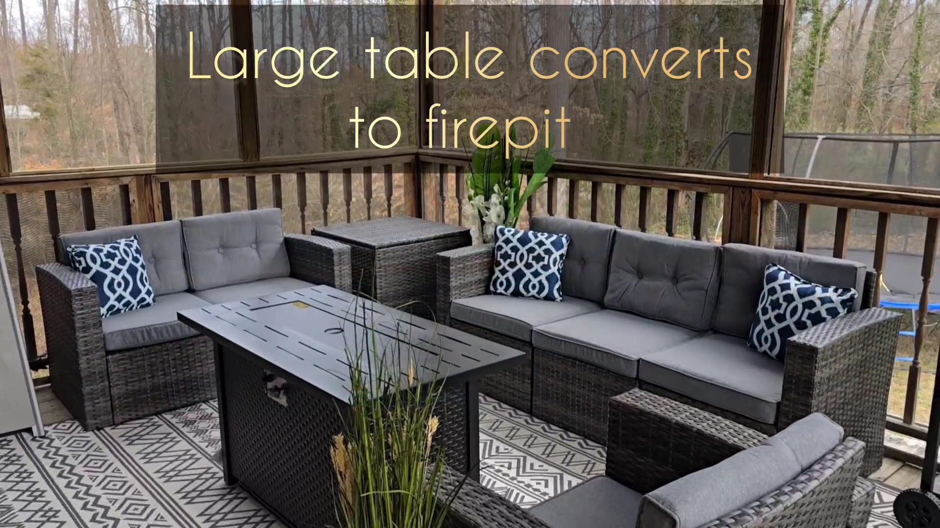 thumbnail video image 2 of JOIVI 8 Pcs Wicker Patio Furniture Set with 45” Fire Pit Table, Rattan Outdoor Sectional Sofa Conversation Set with Storage Box and 50,000 BTU Gas Fire Pit for Garden, Deck, Backyard, Parties, Gray, 2 of 13
