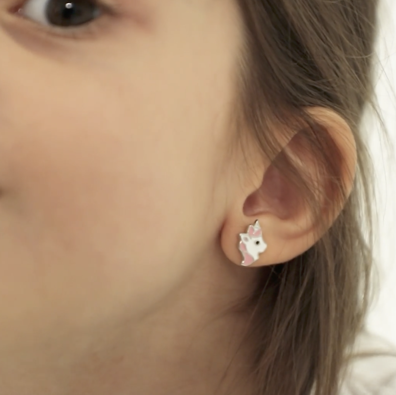 thumbnail video image 2 of 925 Sterling Silver Majestic Pink Enamel Unicorn Screw Back Earrings for Girls, 2 of 7