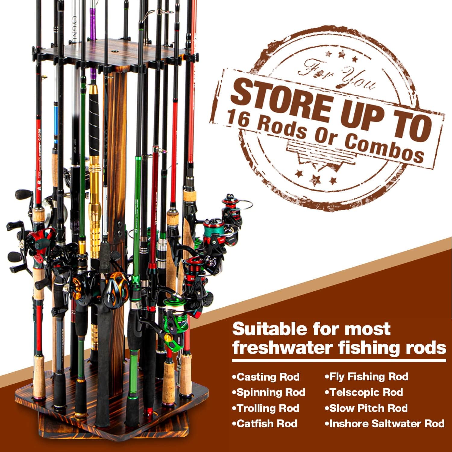 thumbnail video image 2 of Ghosthorn Wooden Fishing Rod Rack Organizer, 360° Rotating Storage Holder for 16 Rods, 2 of 11