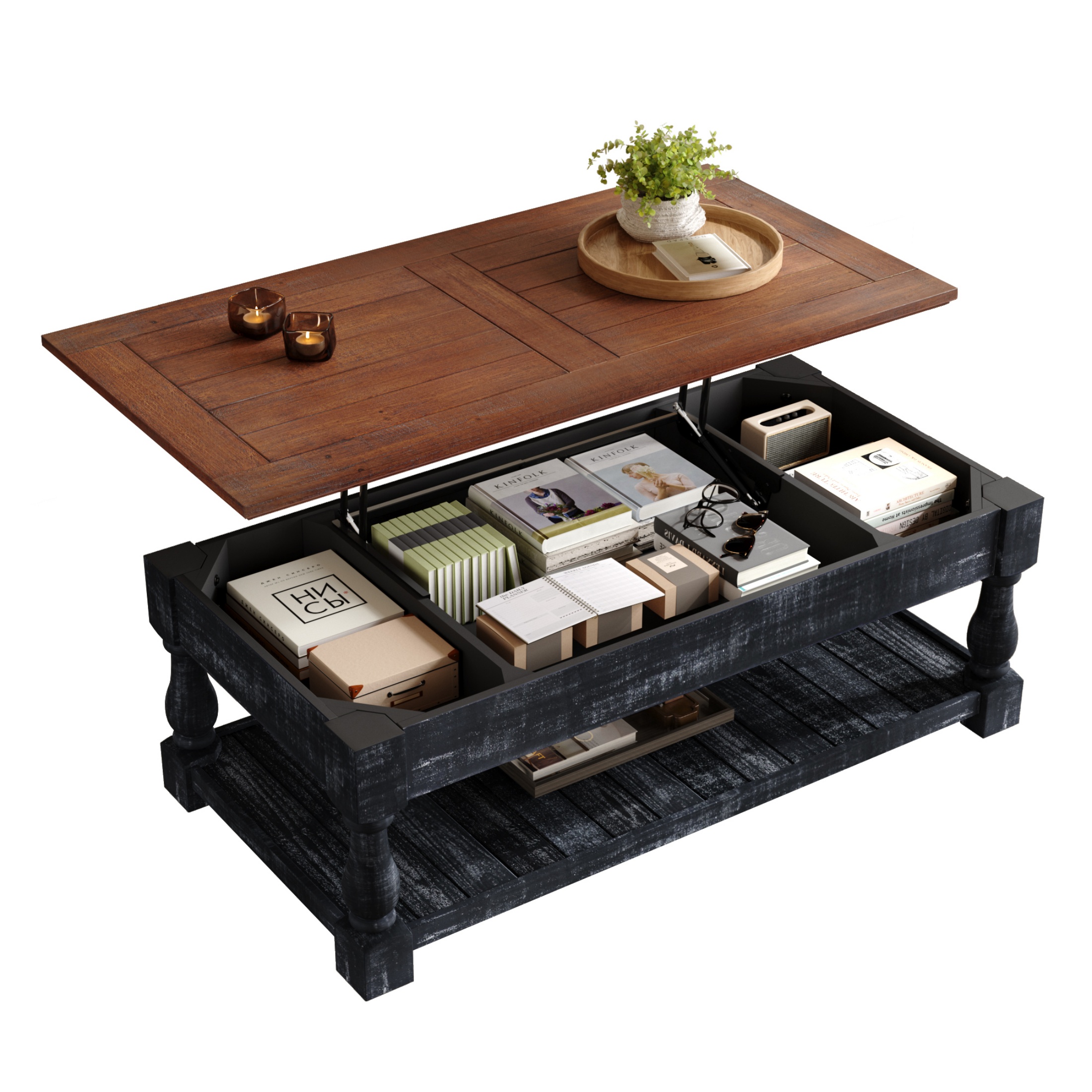thumbnail video image 2 of Atumcto Lift Top Coffee Table with Hidden Storage, Retro Living Room Center Table with Lower Shelf, Espresso and Weathered Black, 2 of 11