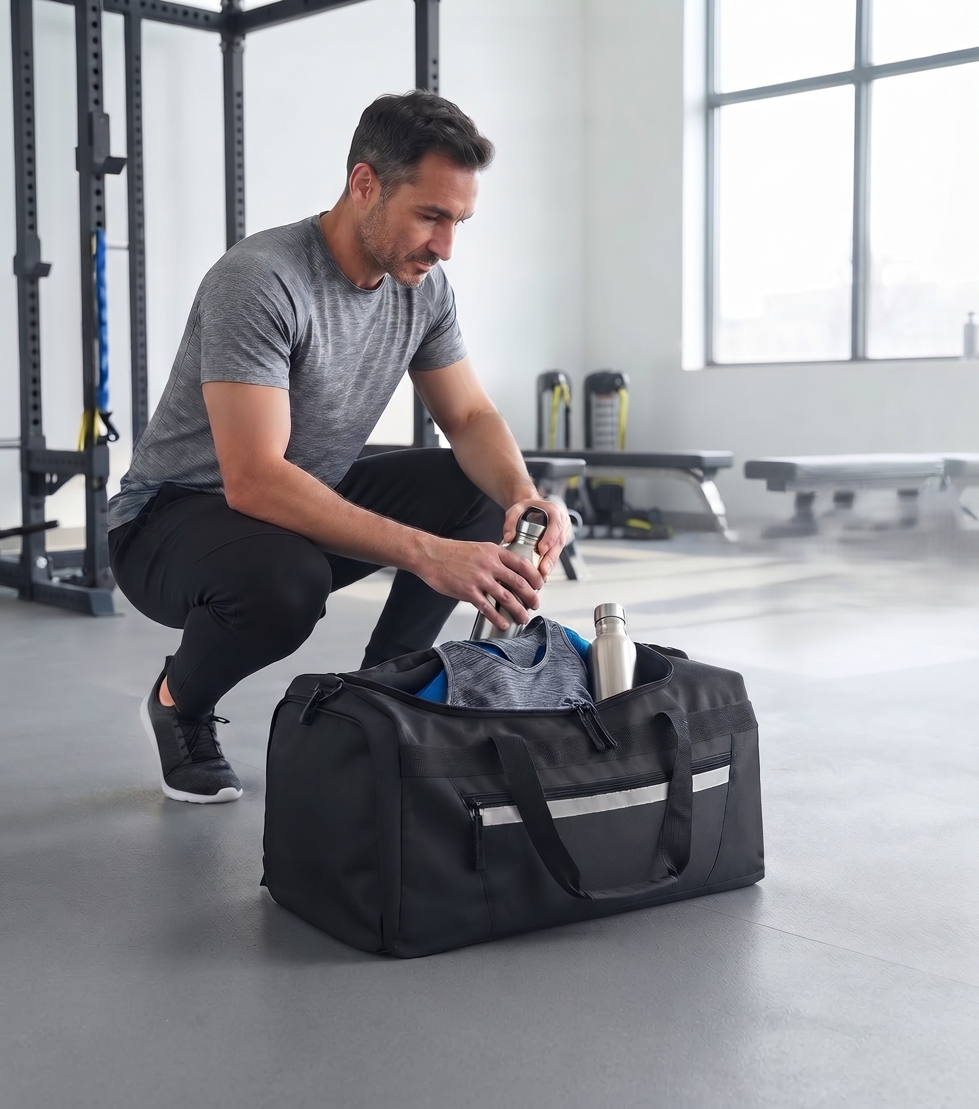 thumbnail video image 2 of 40 Liter 22 Inch Duffle Bag with Reflective Stripe, Front Accessory Pocket, Handles, Dual Zipper Closure and Luggage Strap for Traveling, Commuting, Sports and Gym Equipment in Gray & Silver, 2 of 8