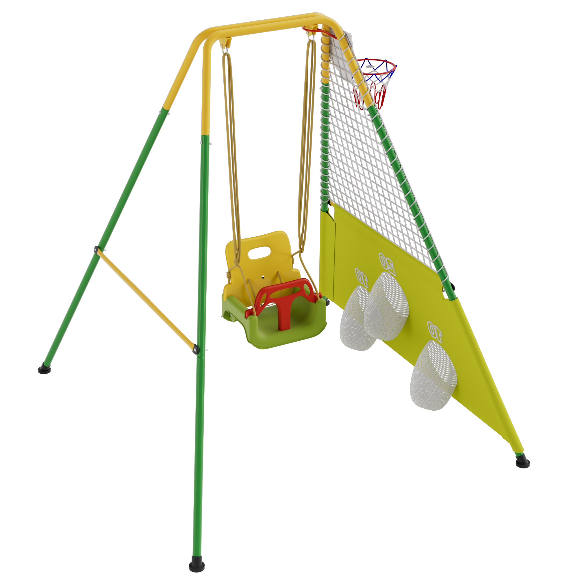 thumbnail video image 2 of 3-in-1 Toddler Swing Set with Basketball Hoop and Soccer Goals , Indoor/Outdoor Baby Swing with Foldable Metal Stand, Kids Swing Set for Backyard, Clear Instructions, Easy to Assemble & Store, 2 of 10