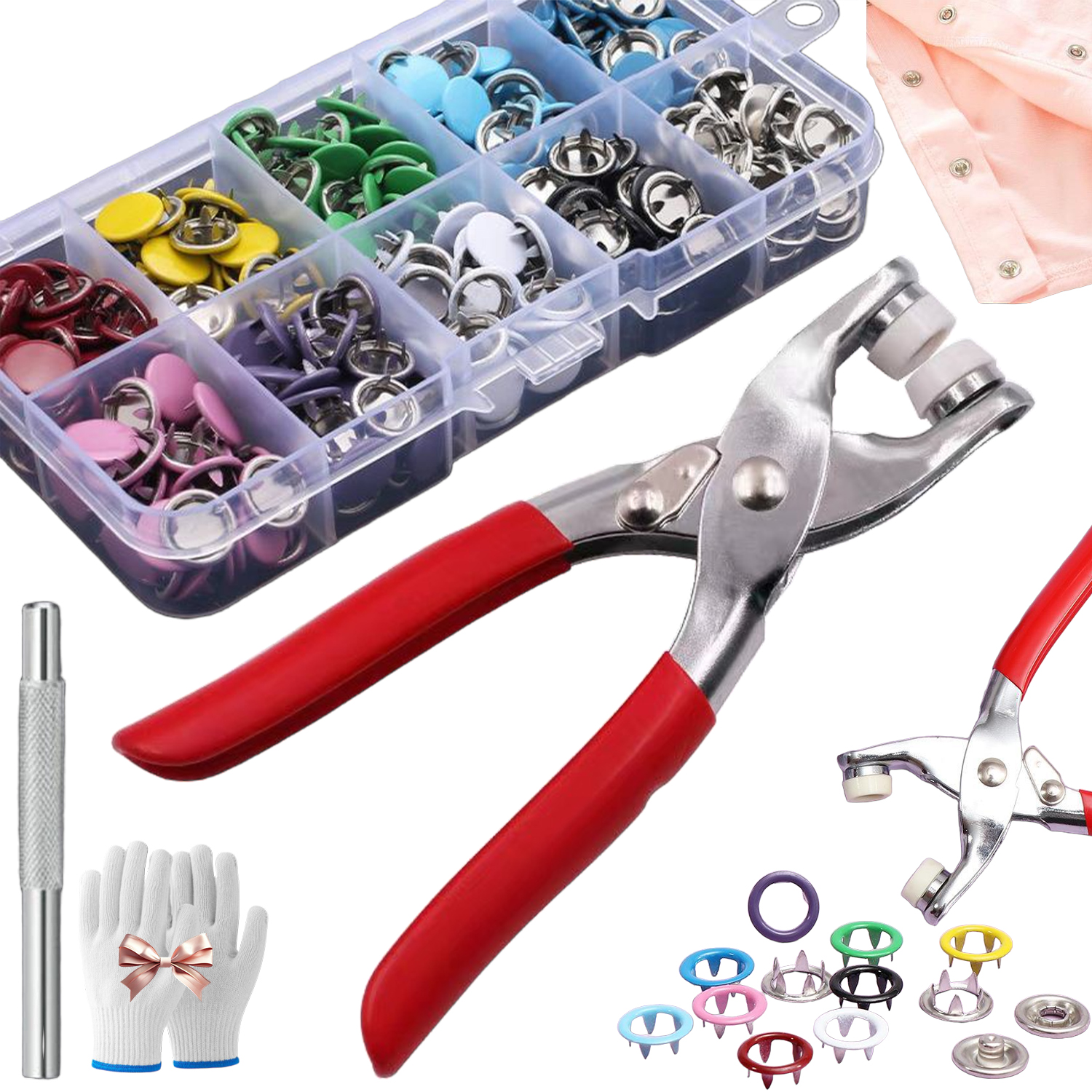thumbnail video image 2 of Metal Snap Buttons with Fastener Pliers Kit,Sewing Kit with 100PCS Metal Buttons – Manual Pliers Tool Included Snap Fabric Clothing Fasteners, snap Button Kit with Fastener Tool (1Set), 2 of 10