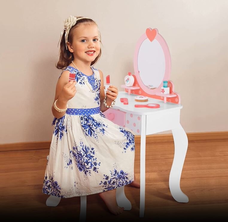 thumbnail video image 2 of TOOKYLAND Wooden Kids Vanity Set - Makeup Dressing Table with Mirror and Chair, Pretend Play Toy for Toddlers 3 Year Old +, 2 of 10