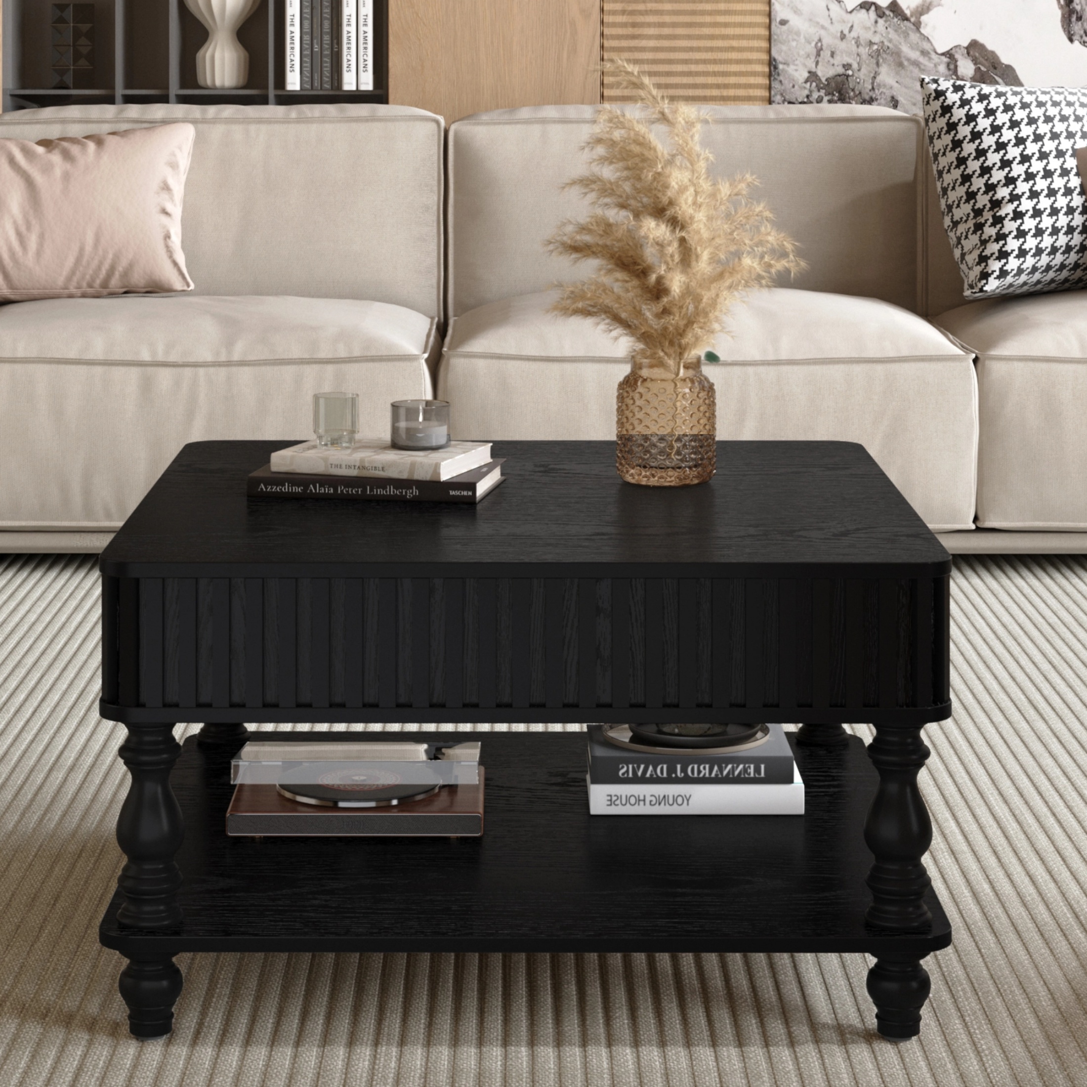 thumbnail video image 2 of Atumcto Black Fluted Lift-Top Coffee Table for Living Room, 31.5" Square Hydraulic Storage Table with Hidden & Open Compartments, Retro Solid Wood Legs, 2 of 14