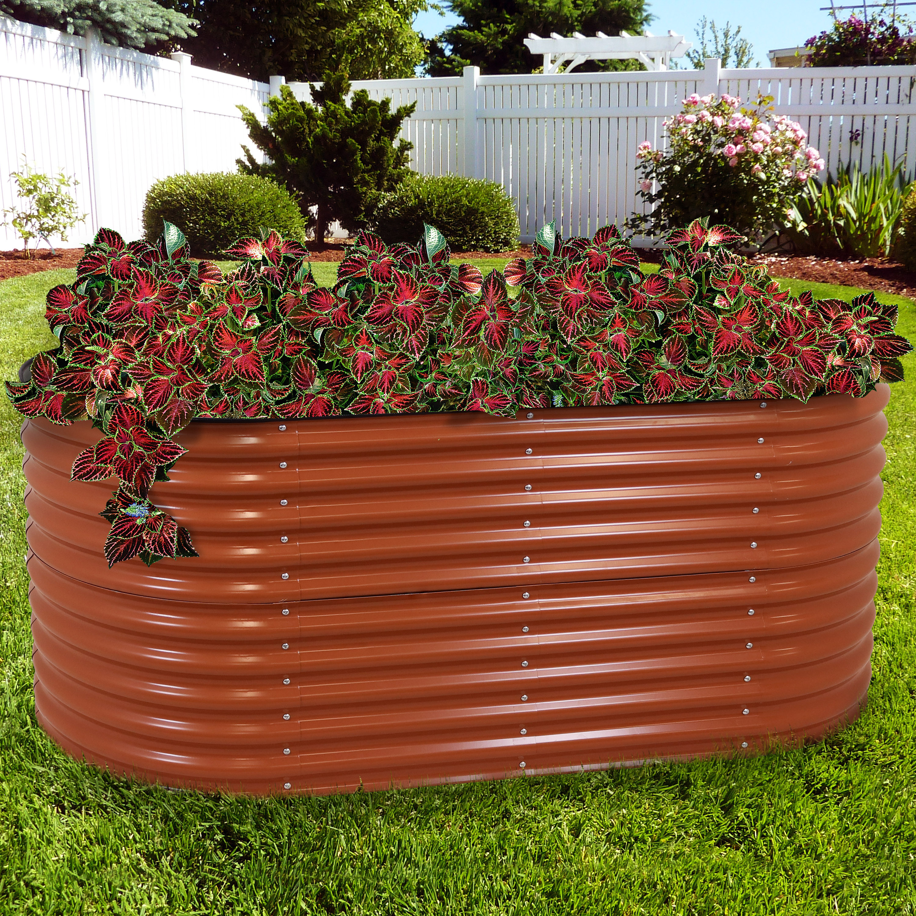 thumbnail video image 2 of Sunnydaze 79" x 40" x 32" Oval Brown Steel Stackable Outdoor Raised Garden Bed, 2 of 12