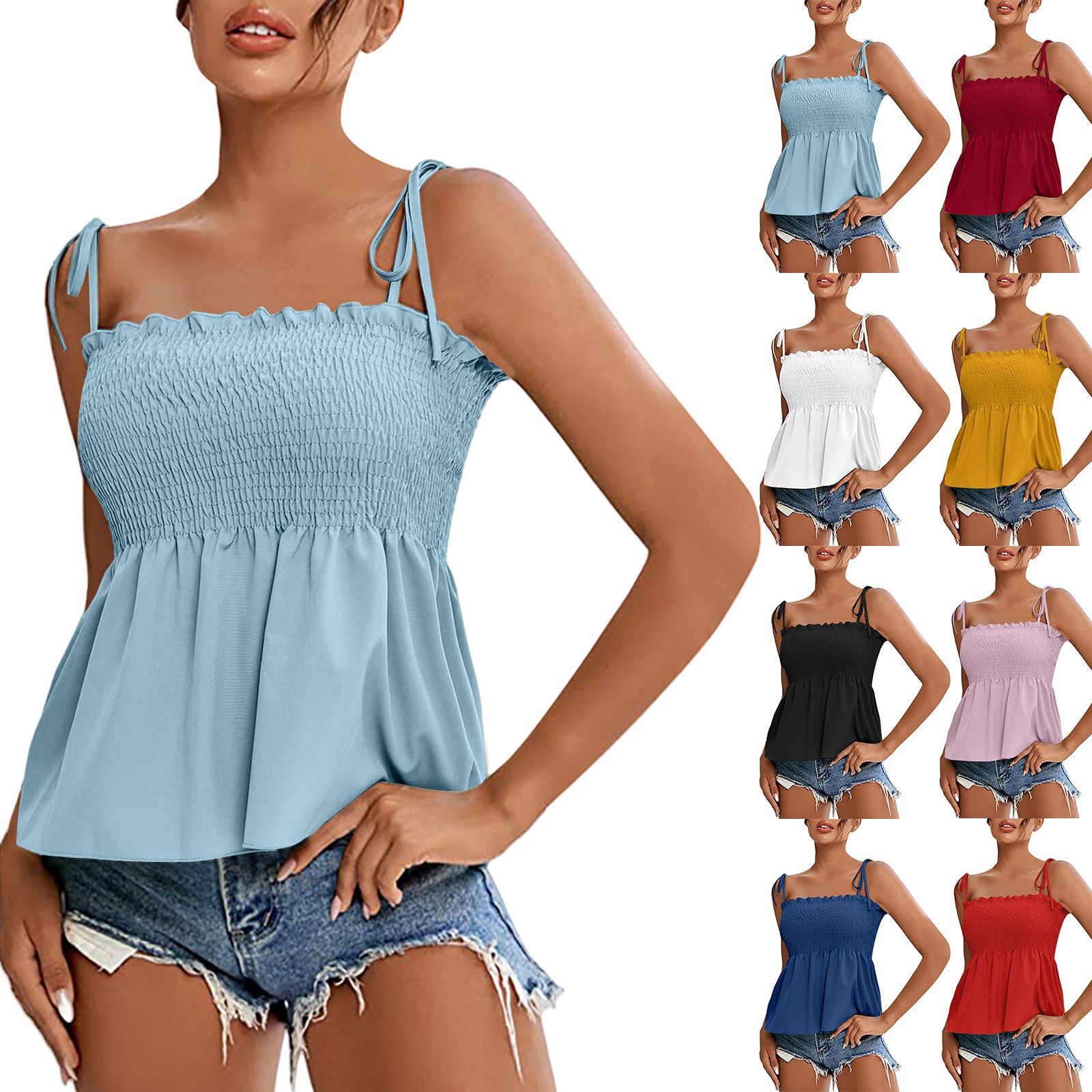 thumbnail video image 2 of Uooqdmx Baby Doll Tank Tops for Women, Shirred Tops for Women, Peplum Tops for Women, Going Out Tops for Women, Camisole Tops for Women, Red XXL, 2 of 7