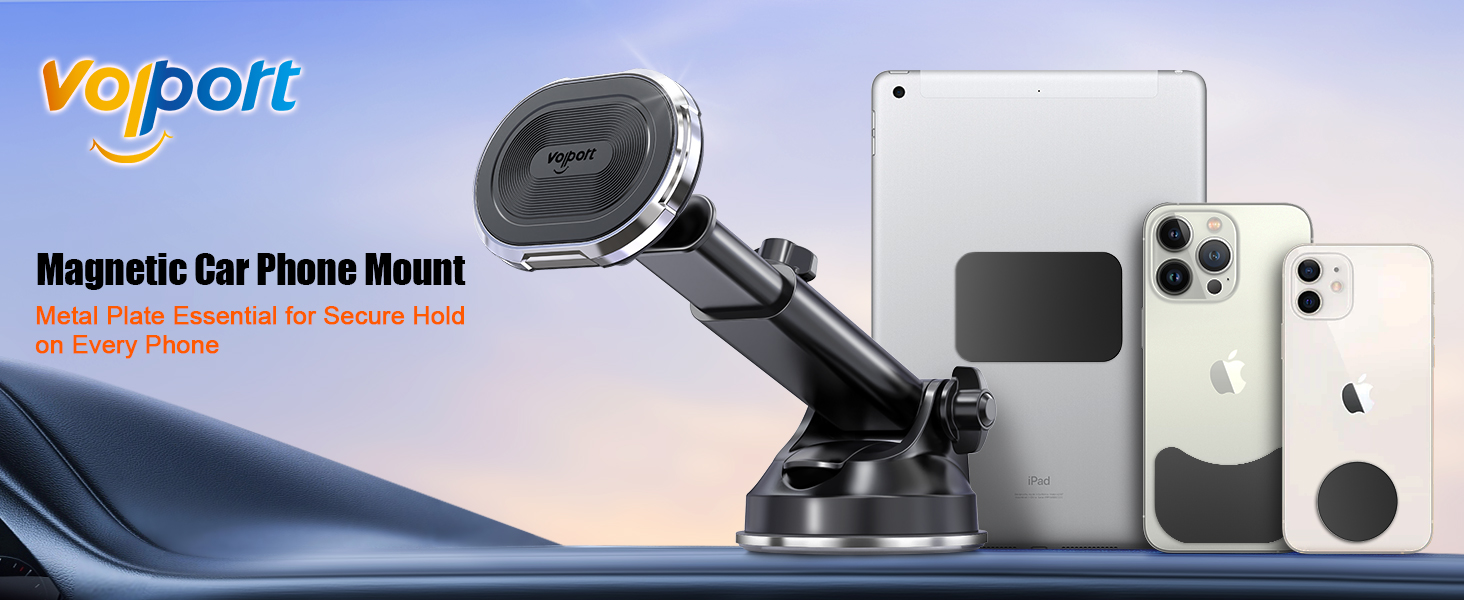 thumbnail video image 2 of Volport Magnetic Phone Holder for Car, Industrial-Strength Suction Cup Phone Mount Windshield Dashboard, Strong Magnets Adjustable Phone Mount for Phone, Requires Metal Plate (3 Included) for Use, 2 of 7
