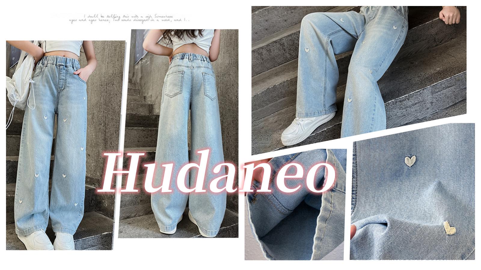 thumbnail video image 2 of Hudaneo Girls Baggy Jeans Embroidered Hearts Wide Leg Loose fit Casual Denim Pants Size 4-14 Years, 2 of 8