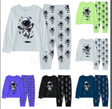 thumbnail video image 2 of HUITKMM Kids Sweatsuit Boys Outfits Sets Winter Alien Astronaut Cartoon Print Long Sleeve Top Pants Pajamas Loungewear Kids Homewear Comfortable Casual 129, 2 of 3