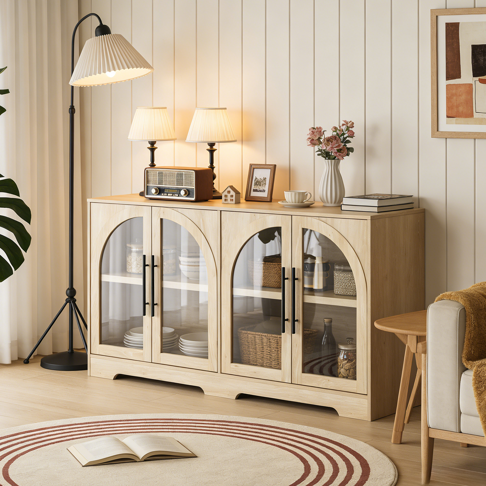 thumbnail video image 2 of Leovanni 55" Sideboard Cabinet with Glass Doors, Wood Buffet Cabinet with Adjustable Shelves and Cable Management, Storage Console for Dining Room, Living Room, Entryway, Natural, 2 of 10