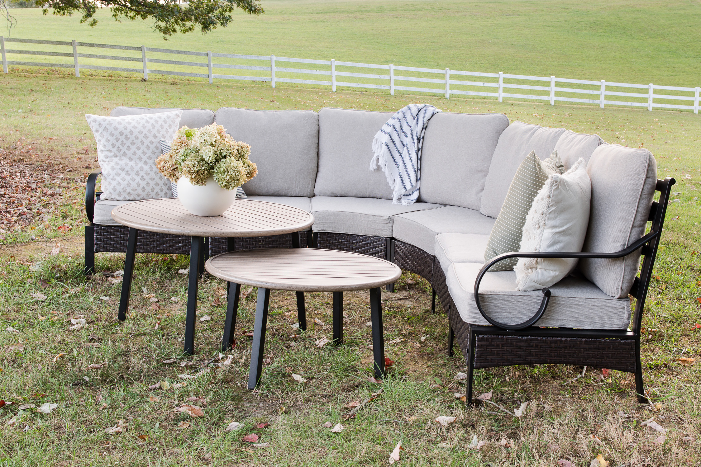 thumbnail video image 2 of Sophia & William 8 Seat Patio Outdoor Furniture Set Half-Moon Sectional Sofa Metal Conversation Set & 2 Wood-like Coffee Tables, 2 of 11