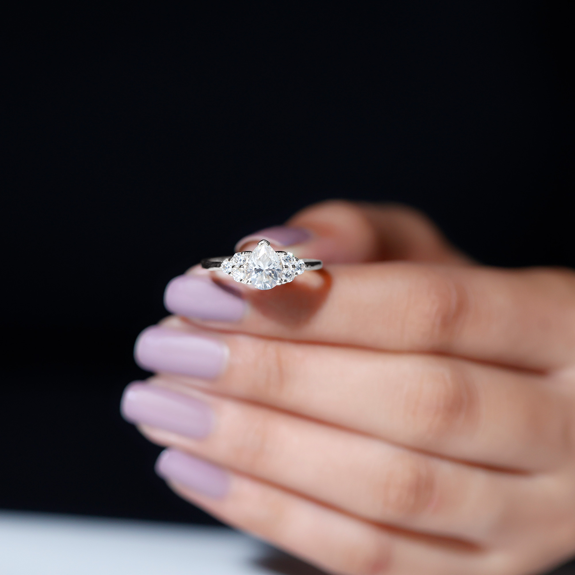 thumbnail video image 2 of Rosec Jewels Certified Moissanite Pear Shape Engagement Ring 1 Carat - Designer Ring - 6X8 mm - D-VS1 Quality, 10K White Gold, US 9.00, 2 of 9