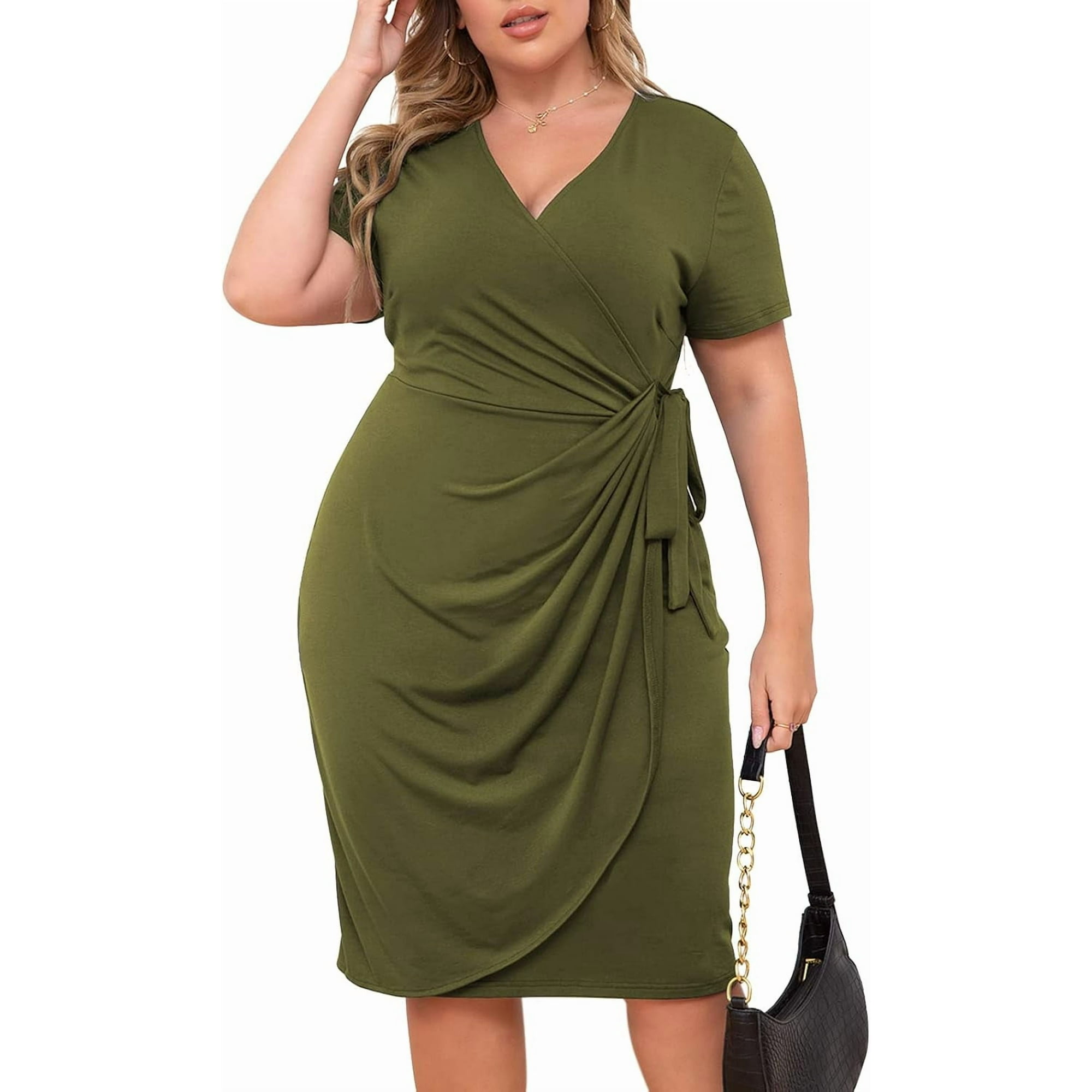 thumbnail video image 2 of AURA Plus Size Dresses for Curvy Women Summer Casual Wrap Bodycon Midi Short Sleeve Pleated Dress 14-26, 2 of 7