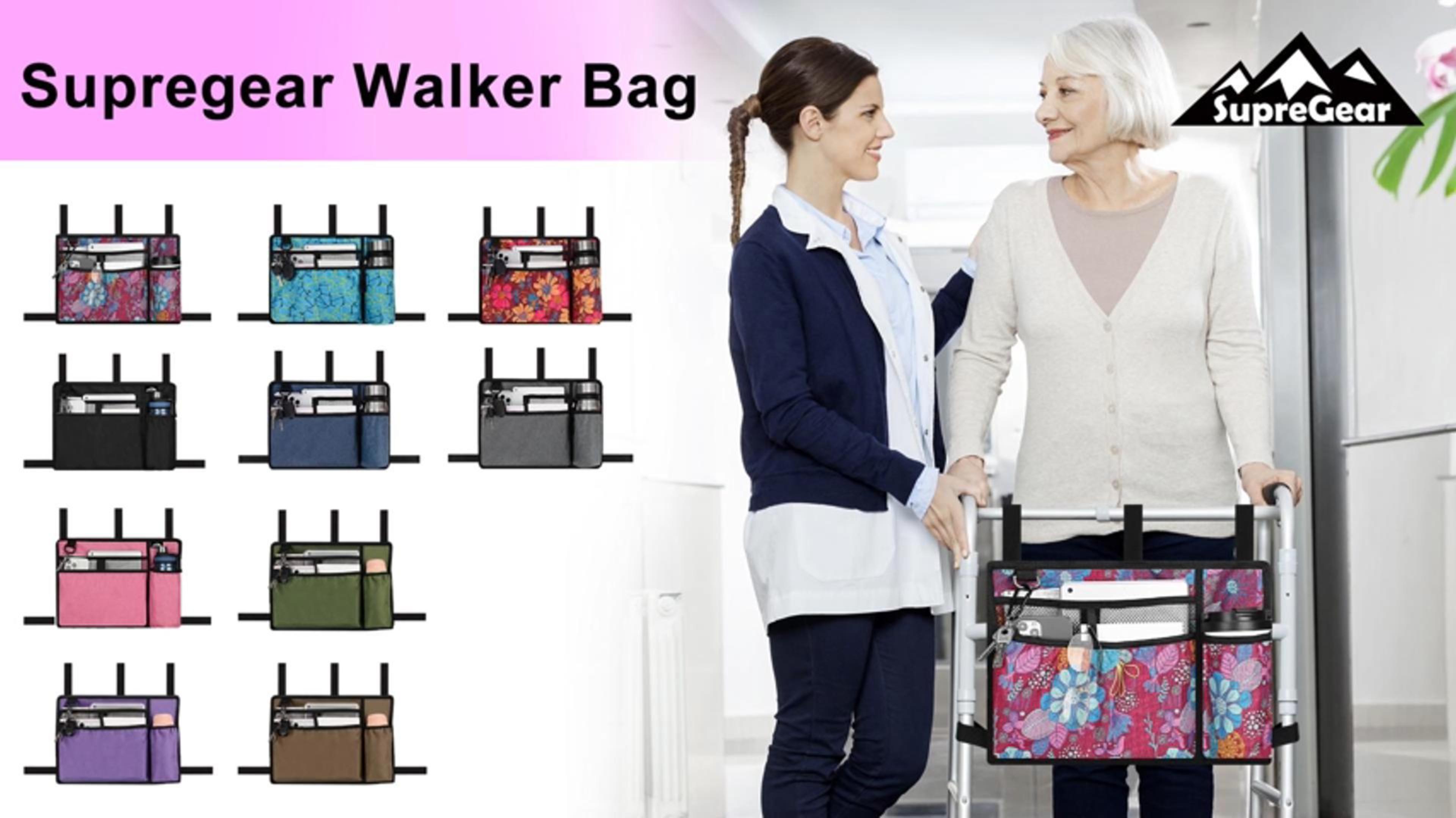 thumbnail video image 2 of SupreGear Rollator Walker Bag with Cup Holder, Folding Basket, Water-Resistant Nylon Pouch, Purple Butterfly, 2 of 7