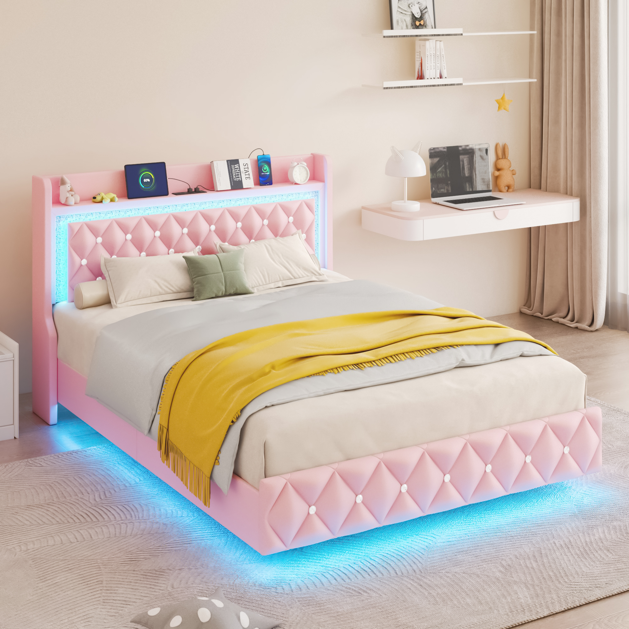 thumbnail video image 2 of Blotout Floating Queen Bed Frame with LED Lights&Power Outlet, Upholstered Pu Leather Platform Bed with Diamond Tufted Storage Headboard & Footboard, No Box Spring Needed, Noise Free, Pink, 2 of 11