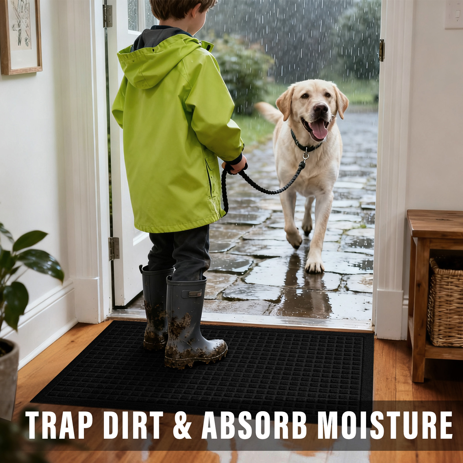 thumbnail video image 2 of Front Doormat Non Slip Outdoor Mat 17"x29", Dirt Trapper TPE Welcome Mats Outdoor Indoor Rug, Durable Easy Clean Low Profile Doormat for Garage ,Entryway, Patio, High Traffic Areas, Black, 2 of 11