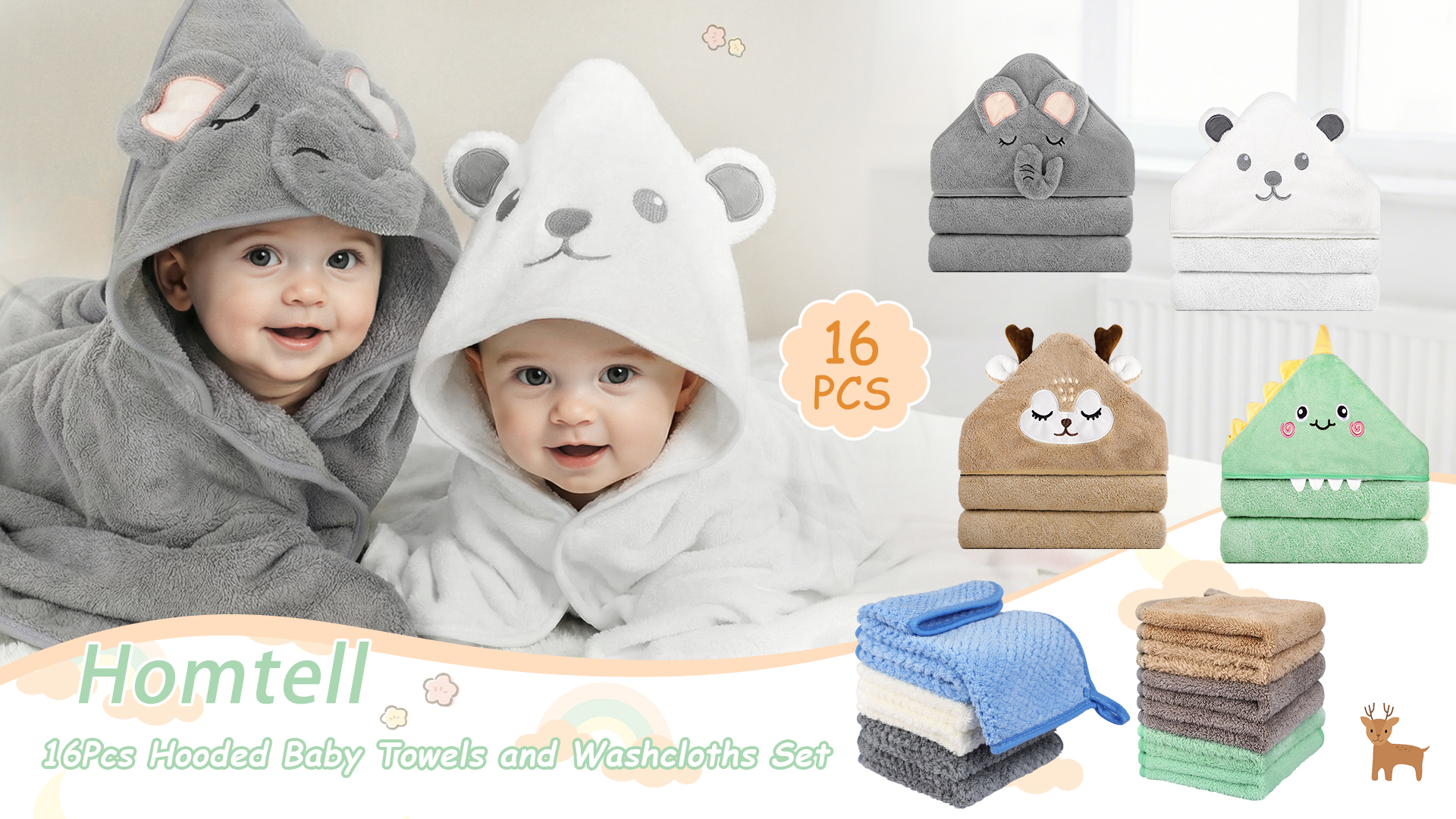 thumbnail video image 2 of 16 Pcs Baby Towels, 4 Pcs Soft Hooded Towels & 12 Pcs Washcloths, Baby Bath Towels for Newborns, Infants & Toddlers- Ultra Absorbent, Cute Towel Gift for Boys, 2 of 8