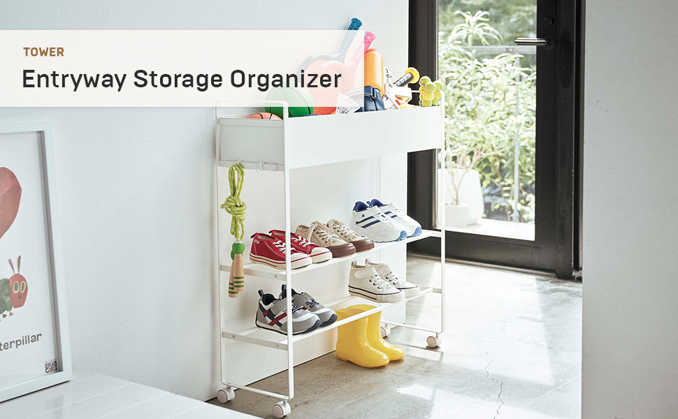 thumbnail video image 2 of Yamazaki Home Entryway Storage Cart, White, Steel,  Holds 6 pairs of shoes, Wheels, 2 of 8