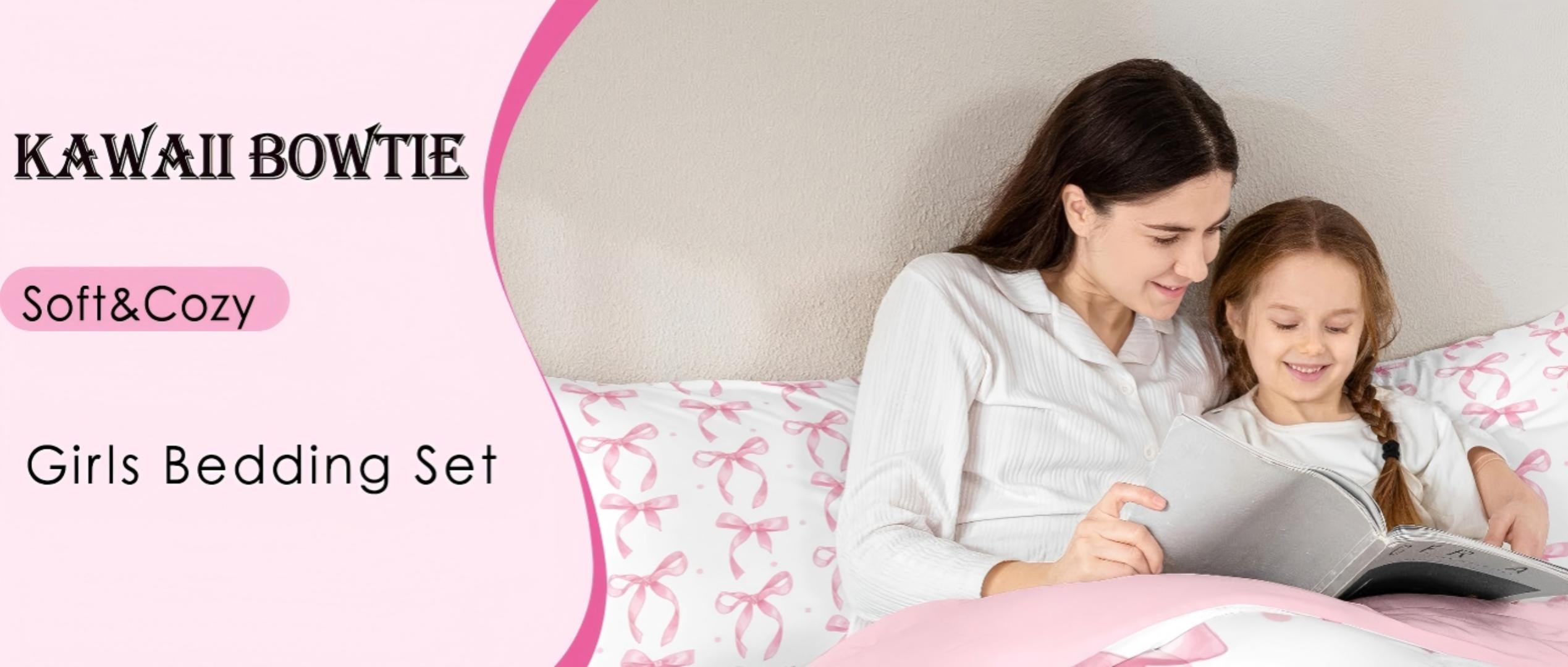 thumbnail video image 2 of Manfei Princess Ribbon Bow Tie Queen Comforter Set,Girls Bowknot Bedding Sets,Pink White Bedding Comforter Set,Lightweight Room Decorative Reversible,3pcs, 2 of 10