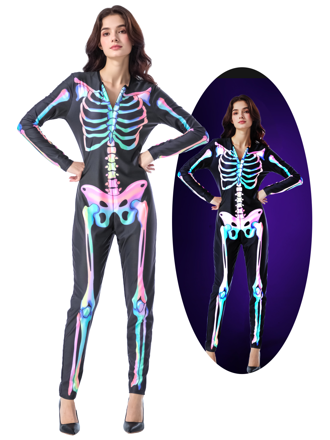 thumbnail video image 2 of Seasons Women's Halloween Skeleton Costume, Double-Sided Colourful Pattern, Black Light Reactive, 2 of 9