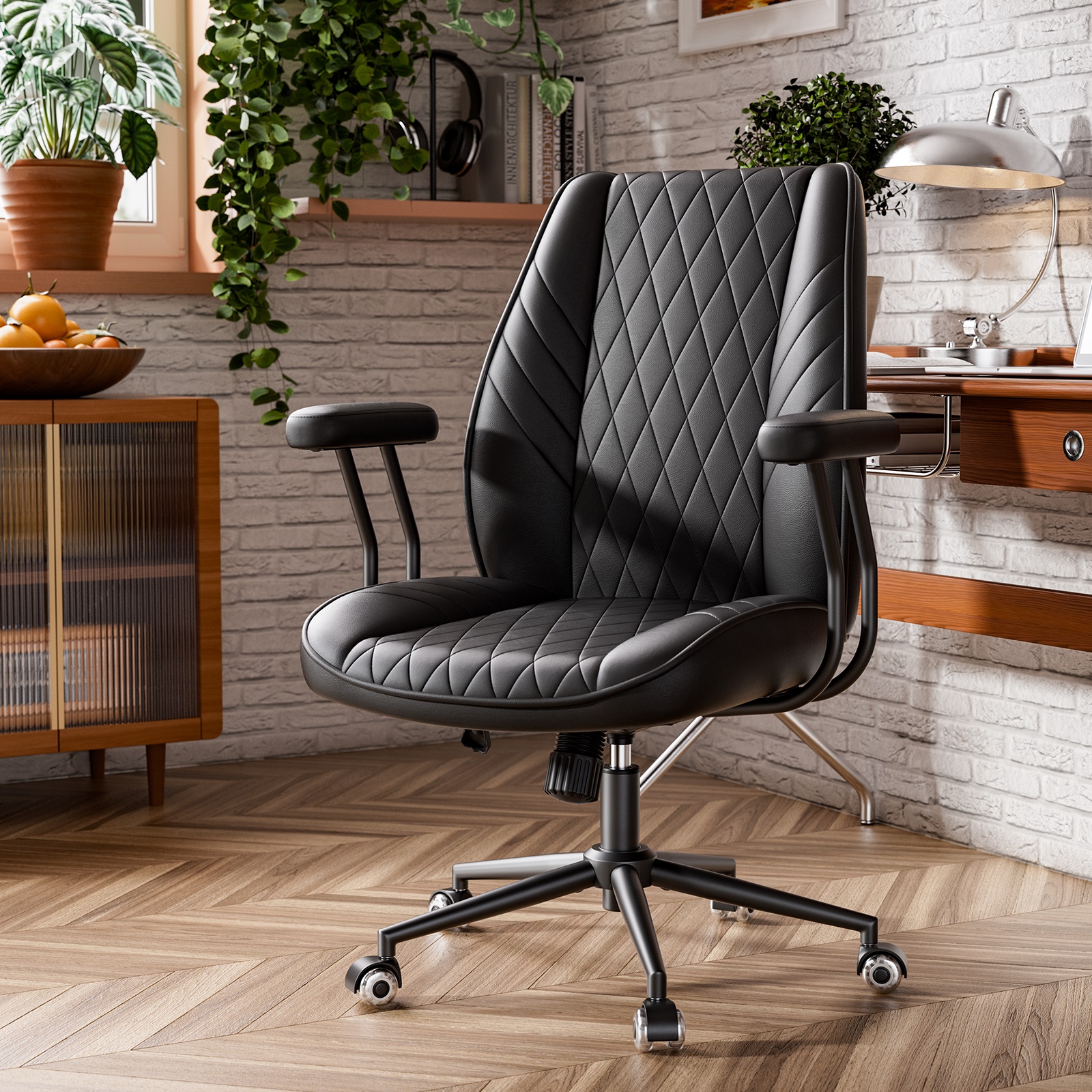 thumbnail video image 2 of Ninecer Brown Leather Office Chair with Wheels Adjustable Height Padded Arms Mid Century Executive Desk Chair for Home Office, 2 of 8