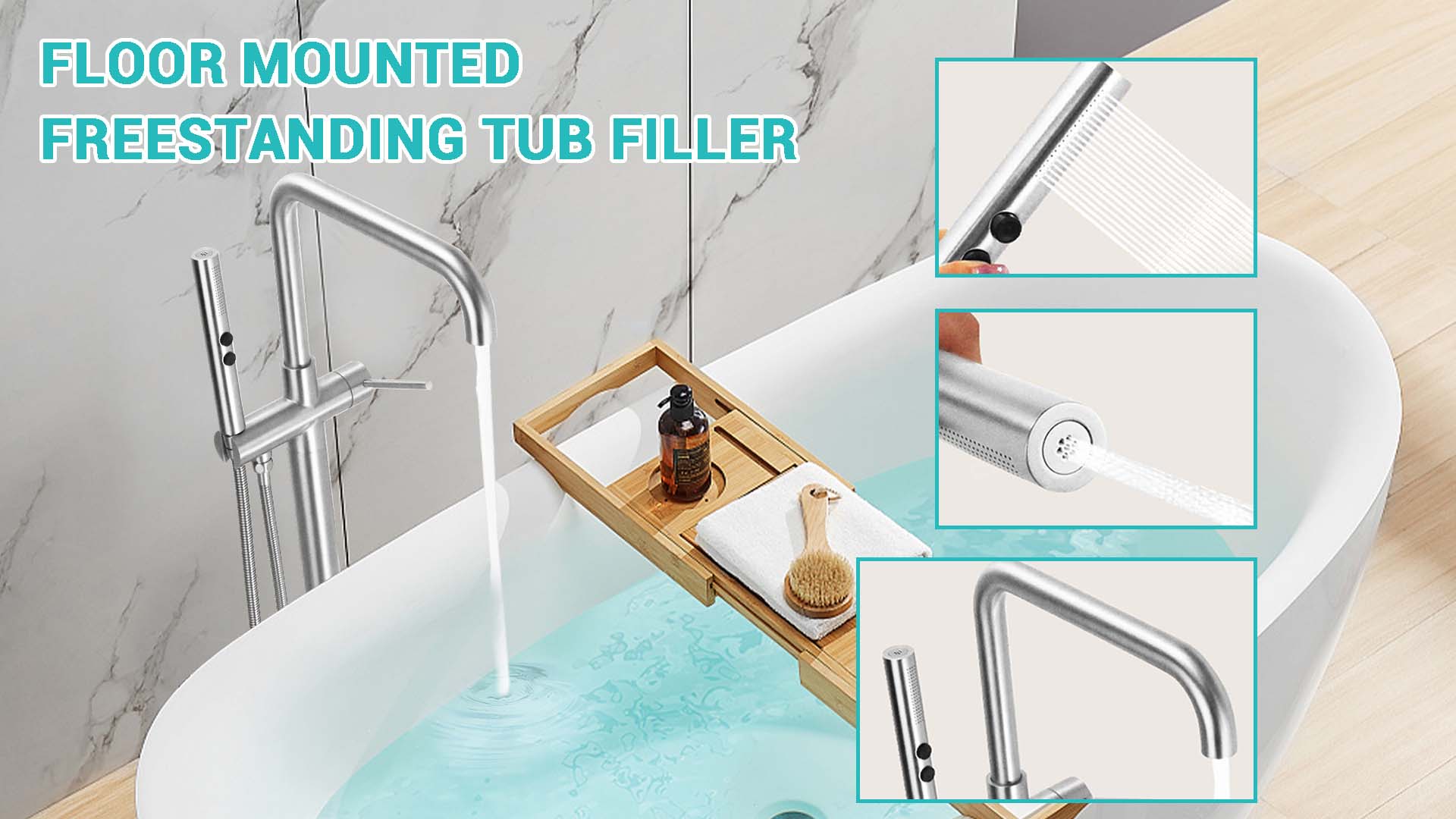 thumbnail video image 2 of SUNRINX Brushed Nickel Freestanding Tub Faucets, Single Handle Free Freestanding Tub Faucet With Brass Two-Function Handshower, Max 6 GPM Floor Mount Tub Filler With 360° Rotating Spout, 2 of 14