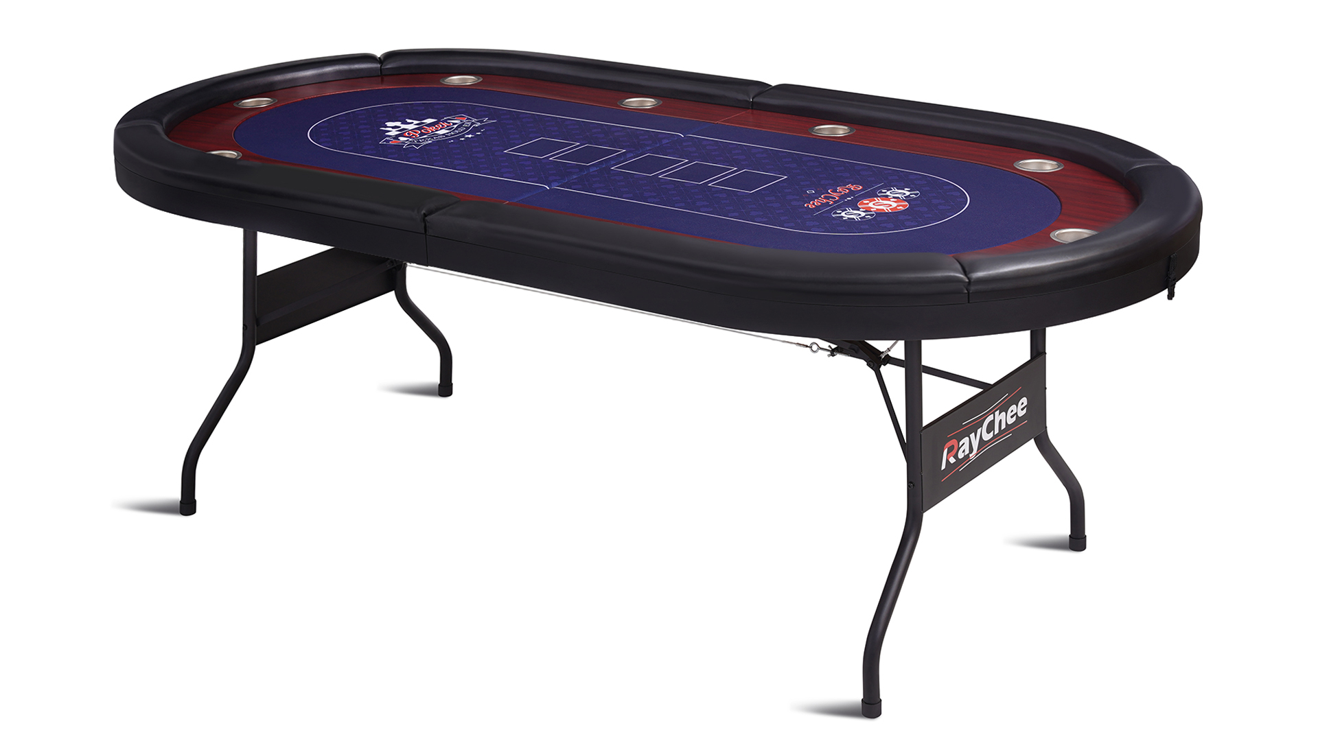 thumbnail video image 2 of RayChee 86in Folding Poker Table 10 Player Navy Blue Felt Surface Casino-Style Armrests Cup Holders Sturdy Plywood Table Entertainment Life Deluxe, 2 of 9