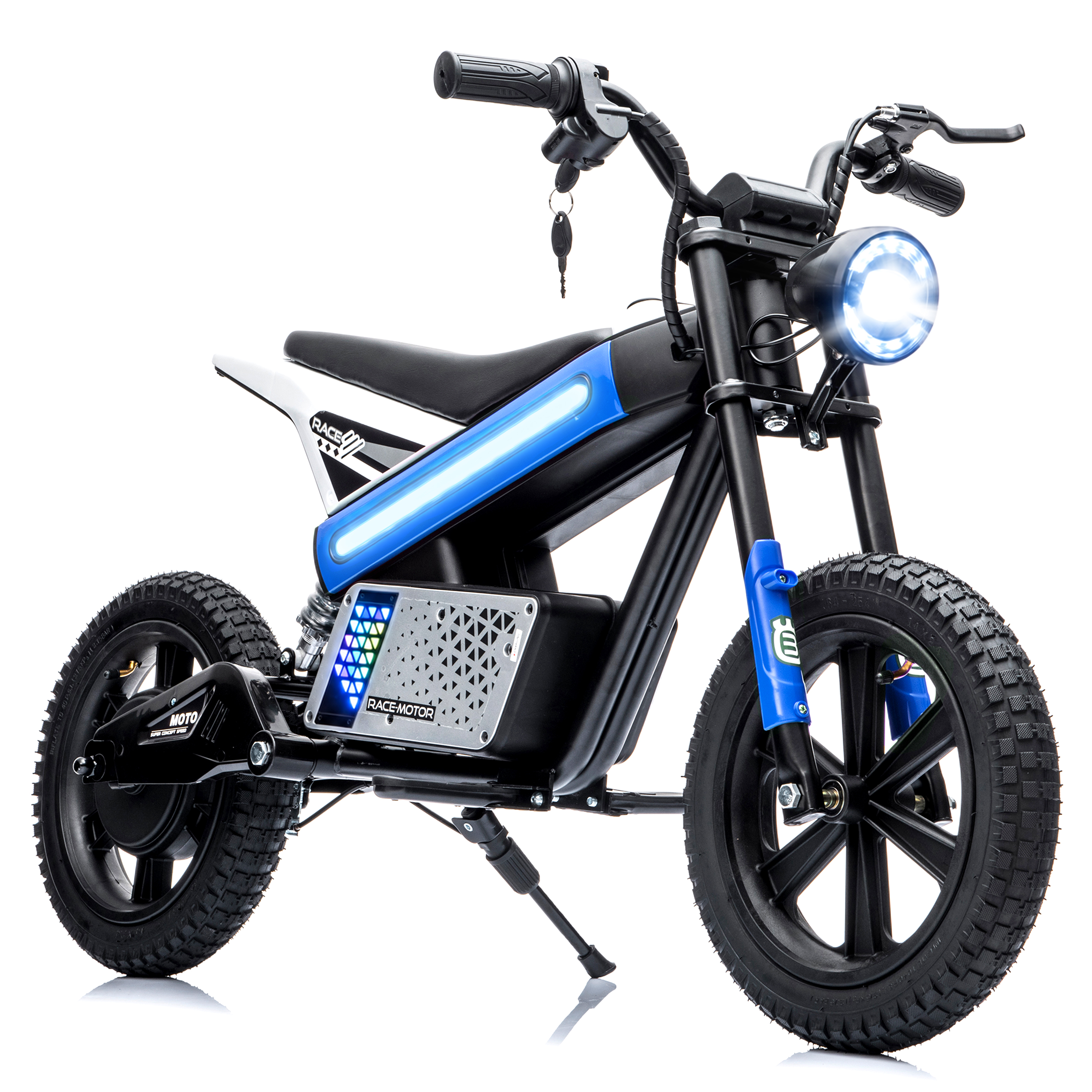 thumbnail video image 2 of 24V Kids Electric Dirt Bike, 300W Motorcycle for Big Kids Ages 6-12, 13 MPH, 14" Inflatable Tires, Twist Grip Throttle, Rear Spring Suspension, Key Start, Bluetooth, Blue, 2 of 11
