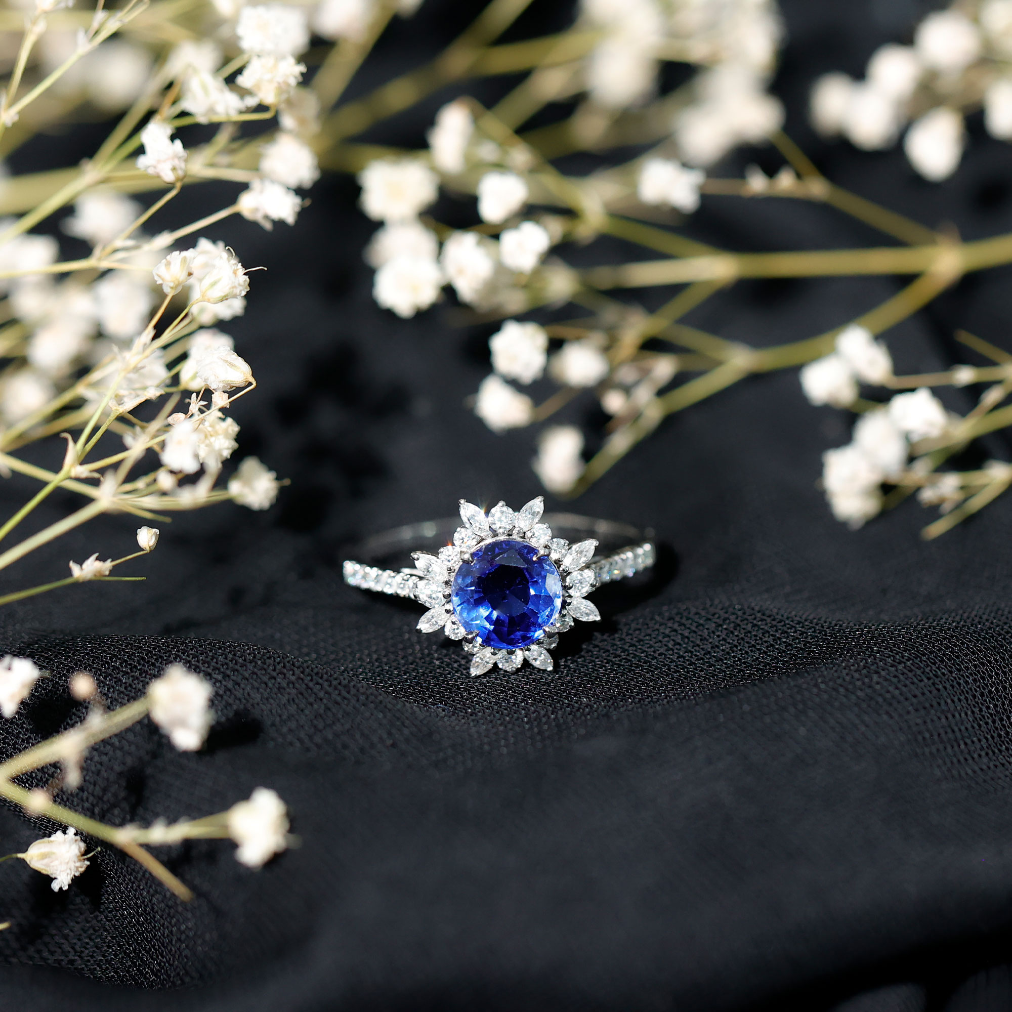 thumbnail video image 2 of Rosec Jewels Womens Blue Sapphire Cocktail Ring with Moissanite Halo - 8 mm Lab Grown Sapphire, 10K White Gold, US 5.00, 2 of 8