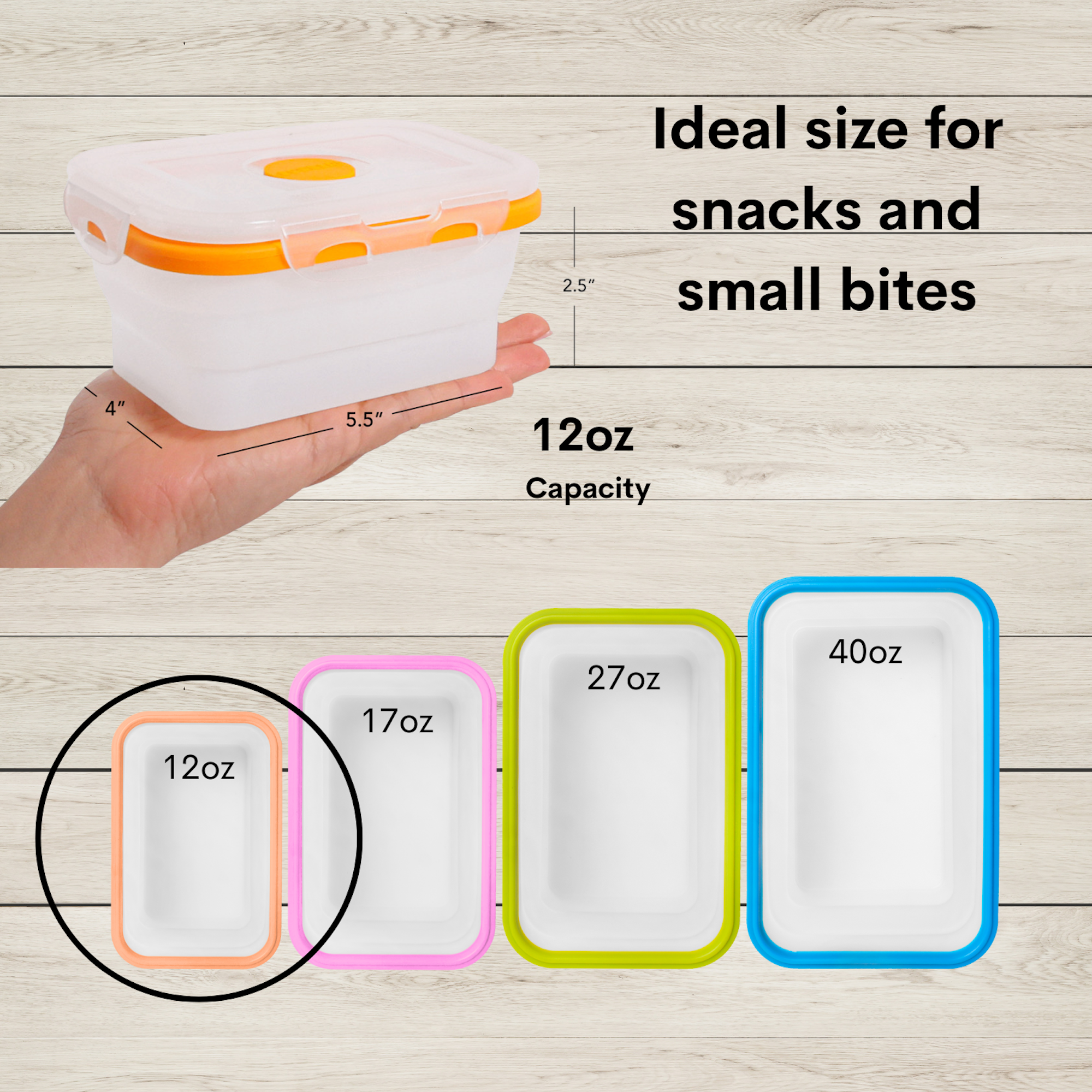 thumbnail video image 2 of Small 12oz Collapsible Silicone Food Container (1.5 Cups) Set of 4, Compact Lunch, Snack & Leftover Storage, BPA-Free, 2 of 11