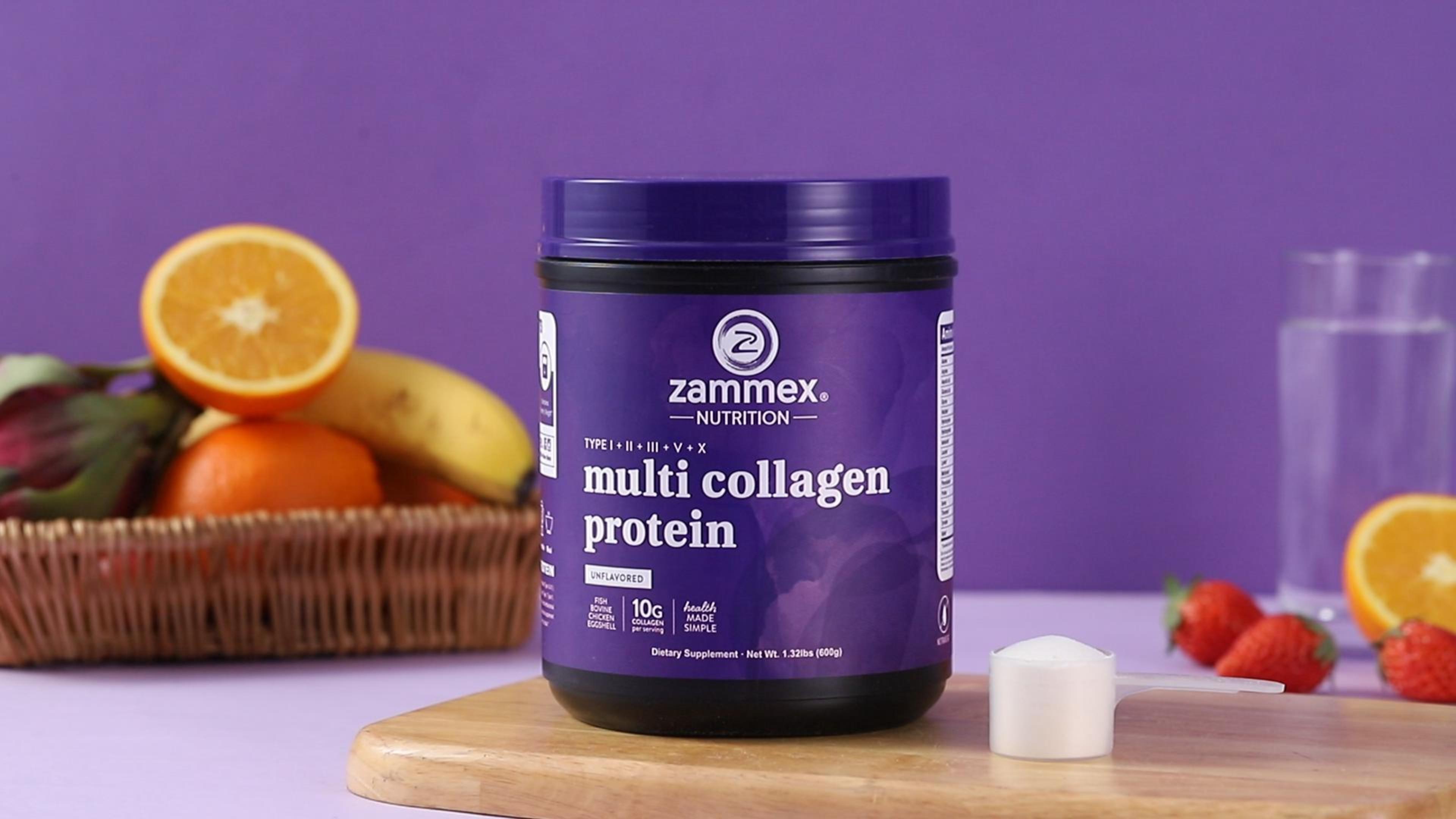thumbnail video image 2 of Zammex Multi Collagen Peptides Powder 21.2oz, Unflavored Hydrolyzed Multi Collagen Protein Powder, Collagen Types I,II,III,V,X, 2-Months Supply, 2 of 7