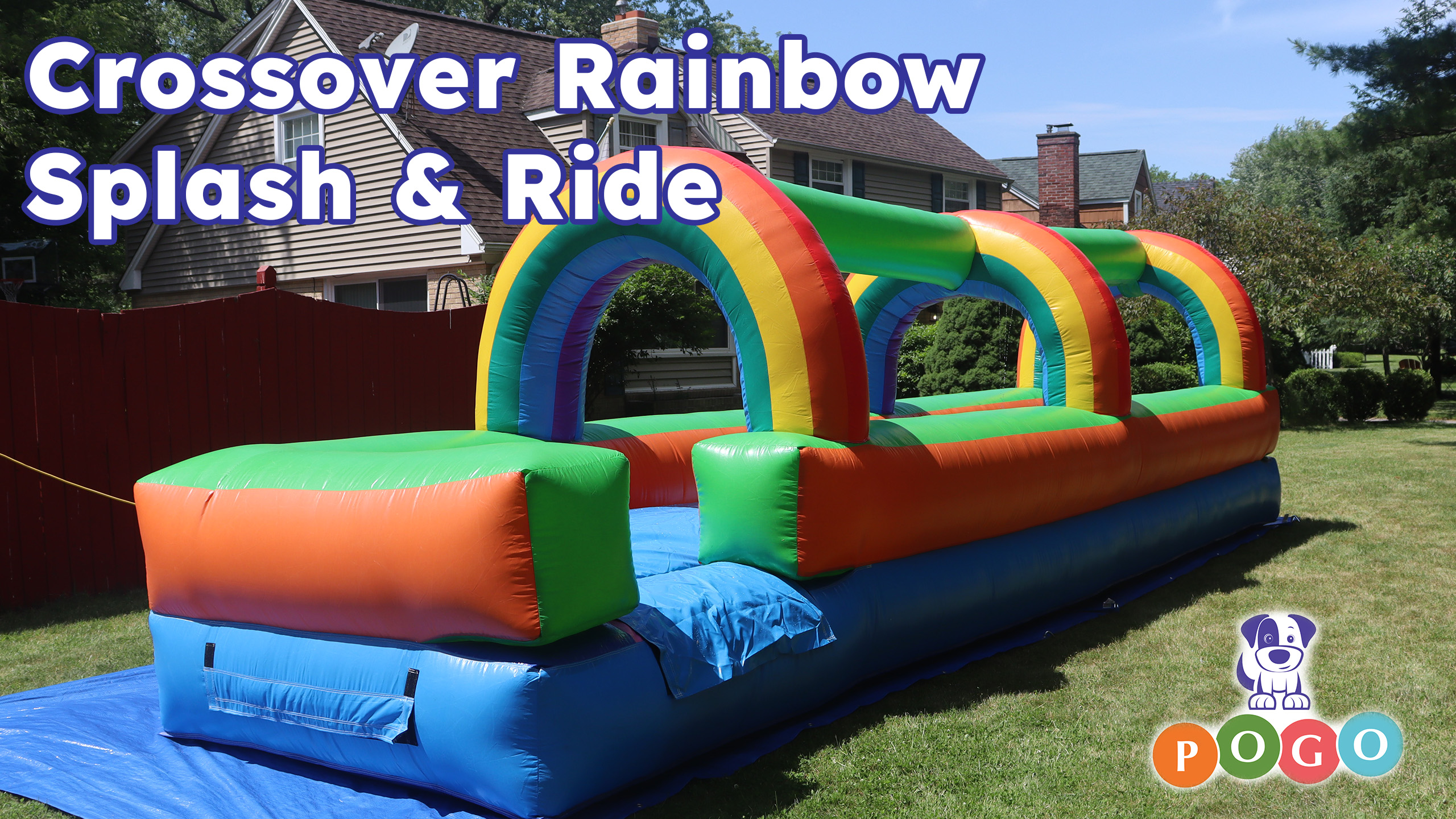 thumbnail video image 2 of Pogo Crossover Inflatable Rainbow Splash and Ride Water Slide with Blower, Rainbow, 2 of 9