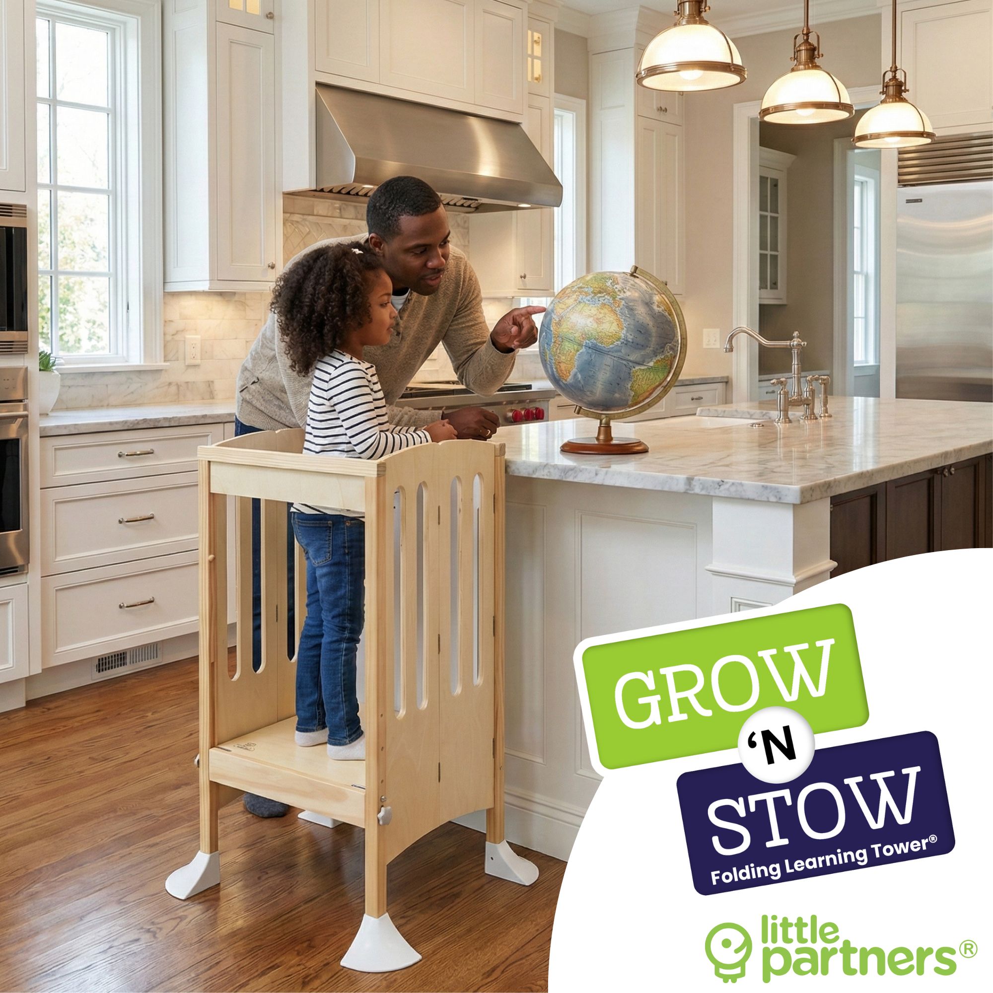 thumbnail video image 2 of Little Partners Grow N Stow Folding Learning Tower®/Toddler Tower, Step Stool for Kids, 18m-6yrs - Natural, 2 of 13