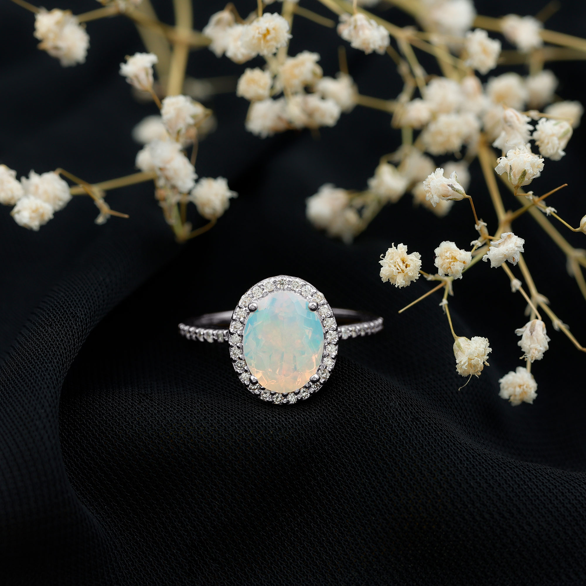 thumbnail video image 2 of Rosec Jewels Oval Ethiopian Opal Ring for Women with Diamond Halo (8X10 mm, AAA Grade), 10K White Gold, US 7.00, 2 of 9