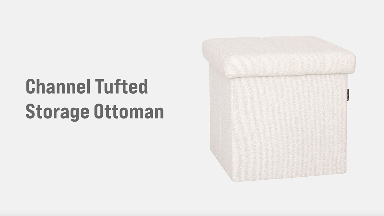 thumbnail video image 2 of Seville Classics Cushioned Fabric Ottoman Hidden Storage Chest Footrest Chair for Bedroom, Dorm, Loft, Living Room, Entryway, Hallway, White Boucle, 15.7" Cube, 2 of 7